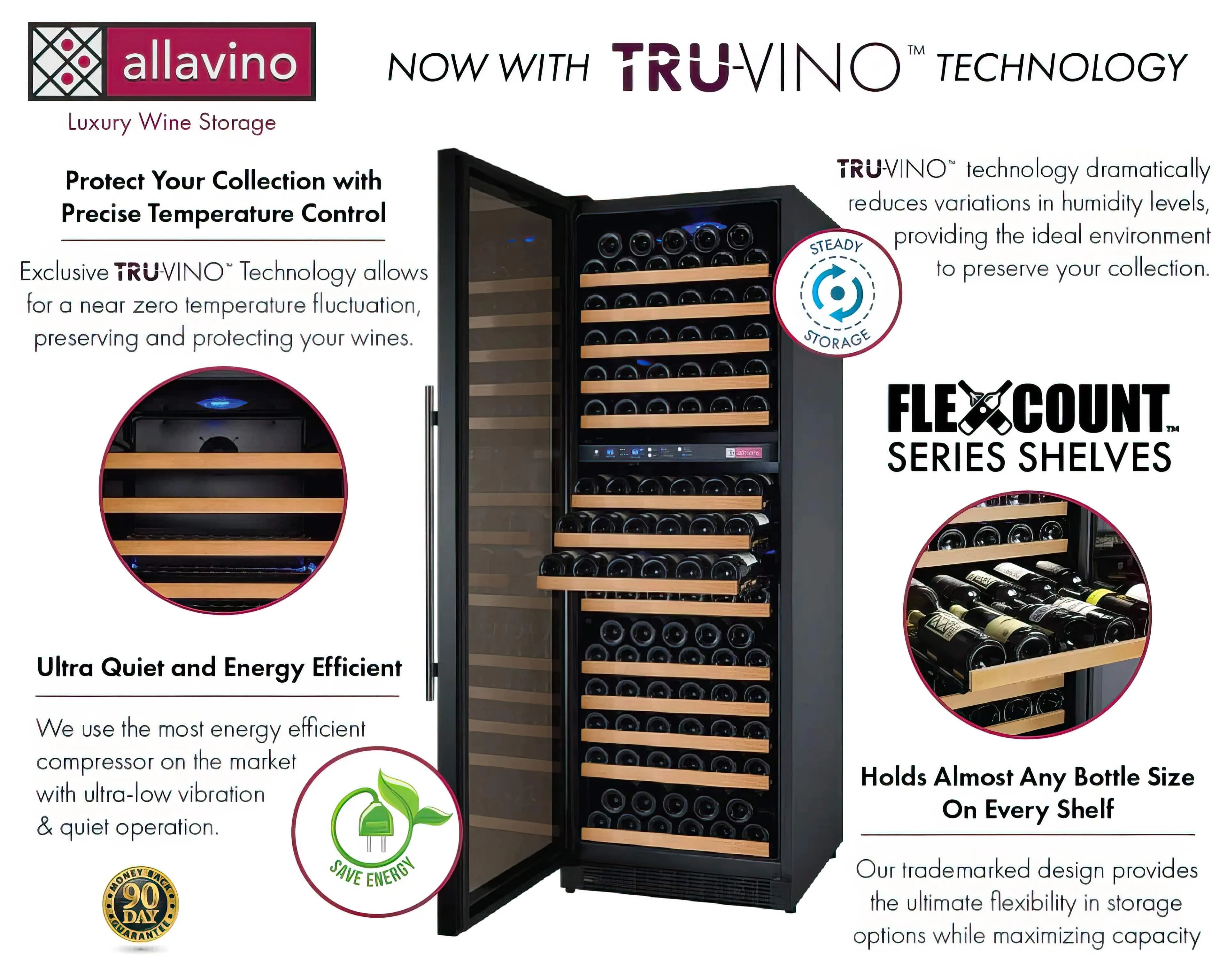 24" Wide FlexCount II Tru-Vino 172 Bottle Dual Zone Black Left Hinge Wine Refrigerator