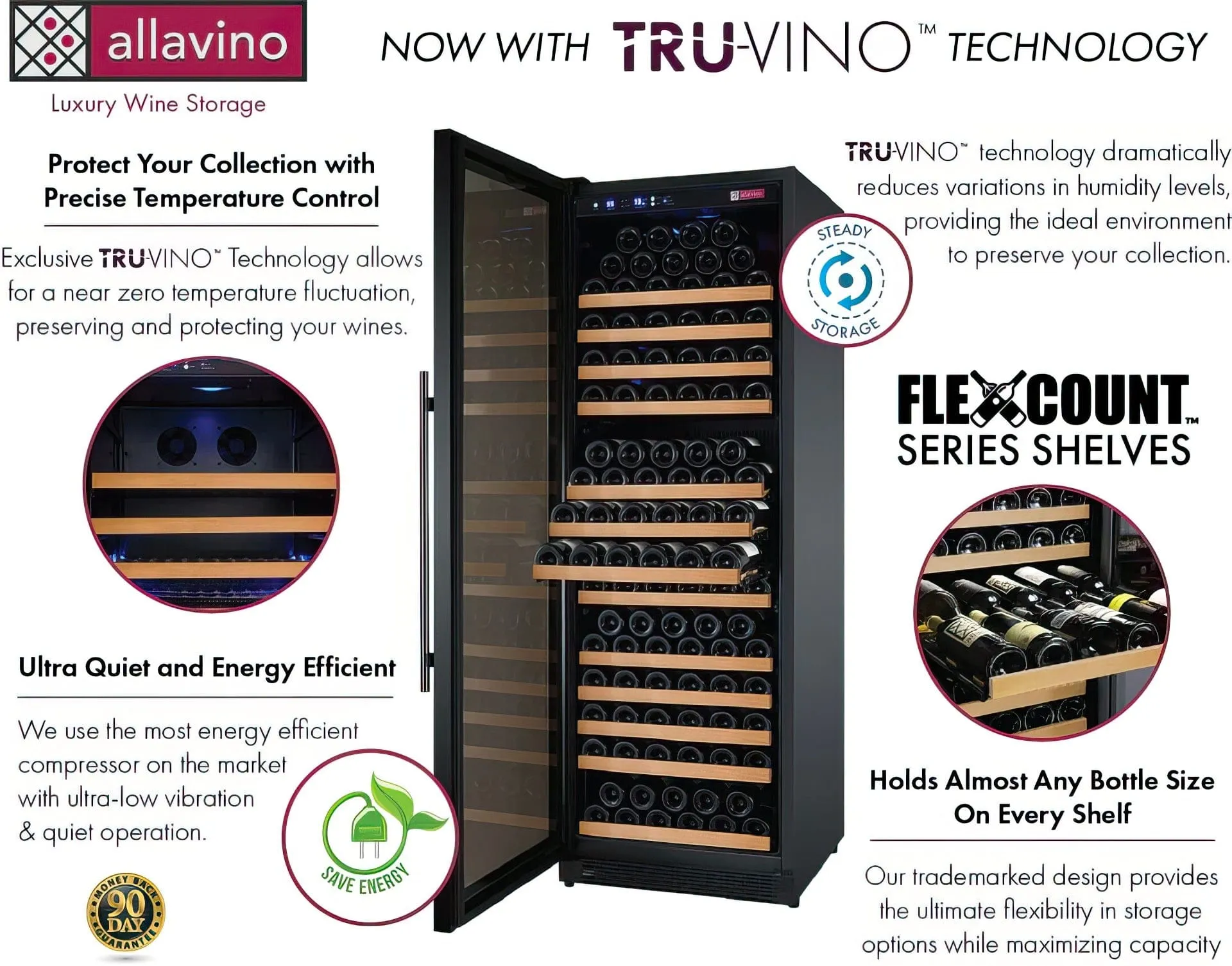 24" Wide FlexCount II Tru-Vino 177 Bottle Single Zone Black Left Hinge Wine Refrigerator