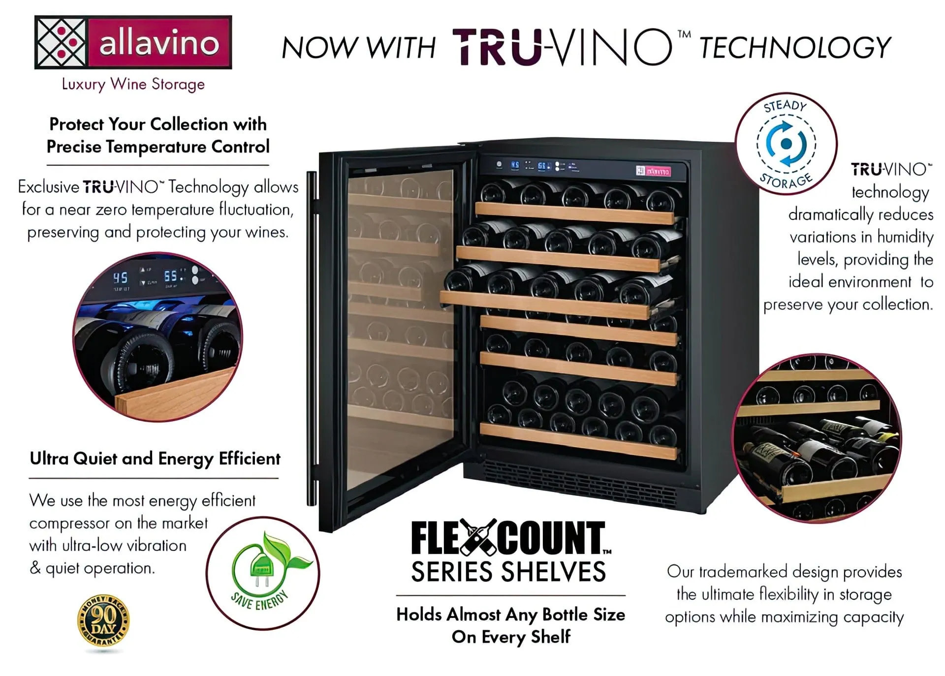 24" Wide FlexCount II Tru-Vino 56 Bottle Single Zone Black Left Hinge Wine Refrigerator