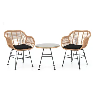 3 Piece Patio Rattan Set with 2 Cushioned Chairs and Tempered Glass Table