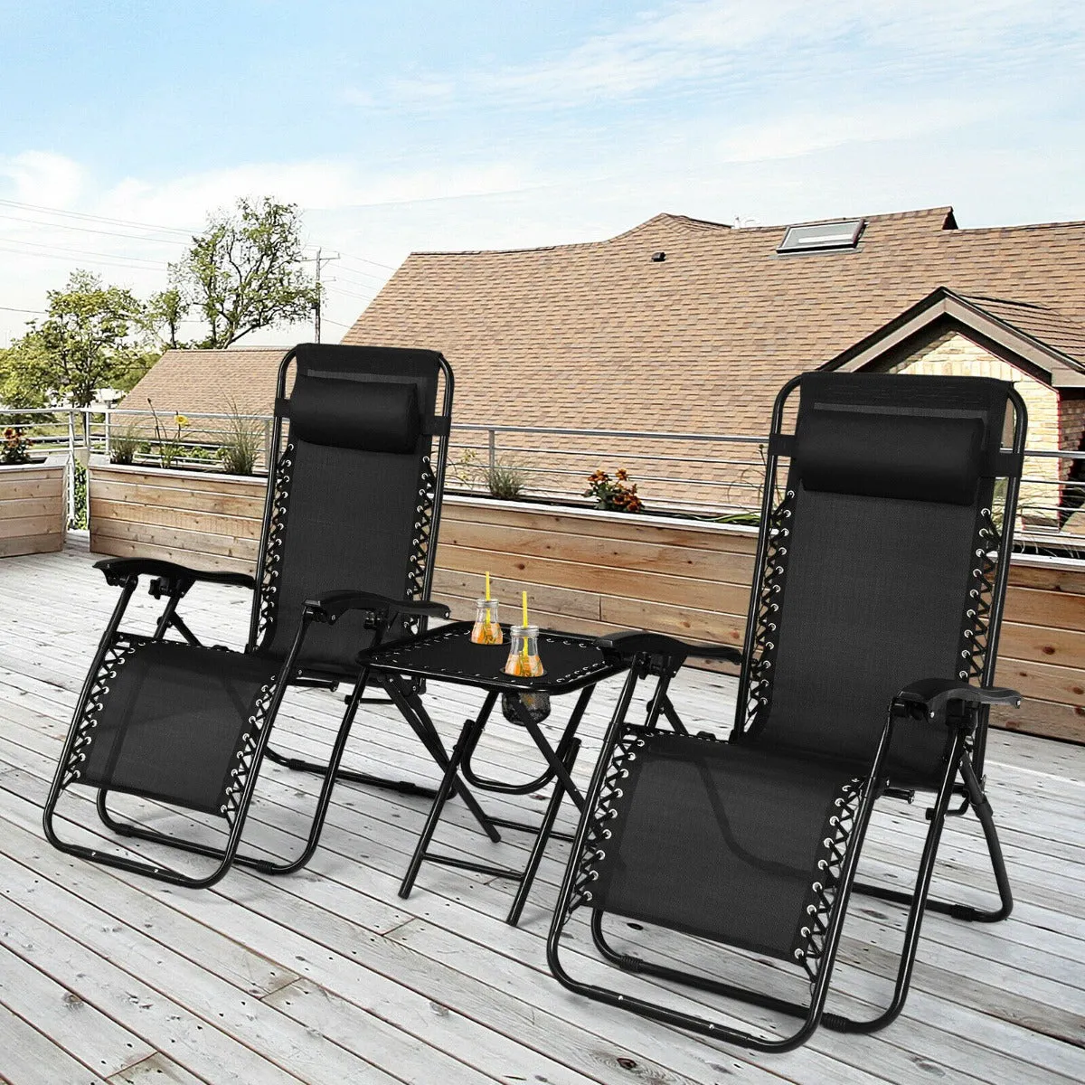 3 Pieces Zero Gravity Lounge Chair Set with Tea Table