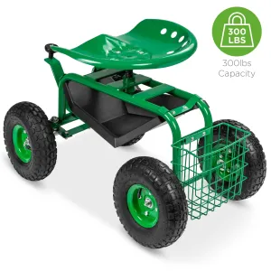 4-Wheel Mobile Rolling Garden Work Seat w/ Tool Tray and Basket