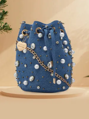 Caprese Emily In Paris Embellishment Work Party Wear Small Sling Handbag Blue