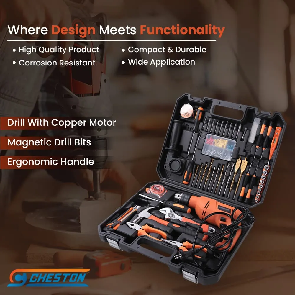 Cheston 13mm Drill Kit 600W Powerful Impact Drill Machine Kit | Screwdriver Kit with 47 Pieces Tool Kit and Accessories | Hammer Wrench Plier Cutter Spirit Level Tape