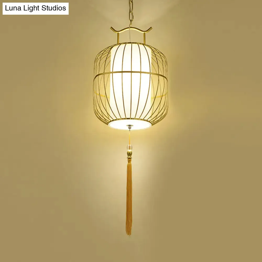 Chinese Style Indoor Pendant Lamp with Bamboo Cylinder Shade - Black/Gold Hanging Fixture