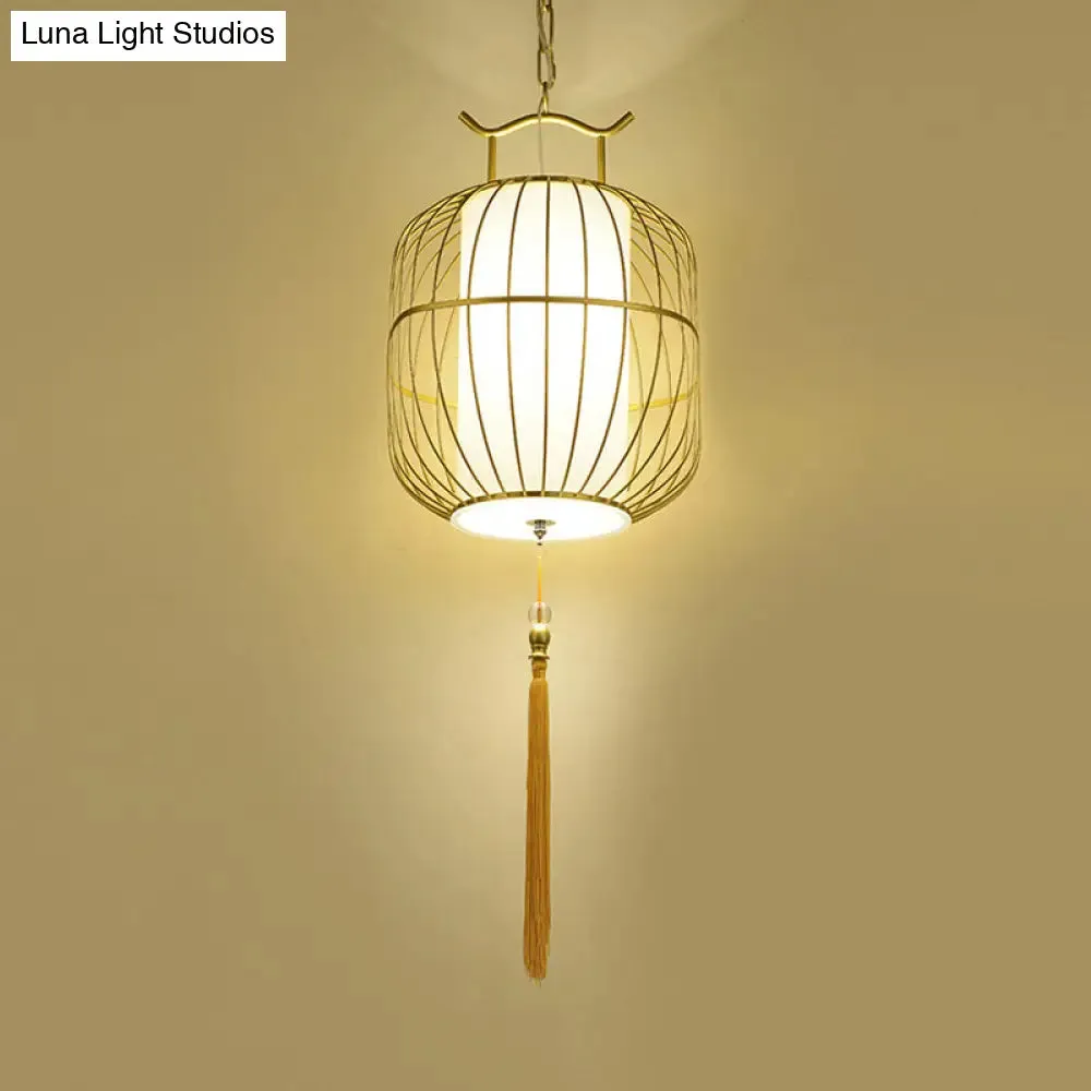 Chinese Style Indoor Pendant Lamp with Bamboo Cylinder Shade - Black/Gold Hanging Fixture