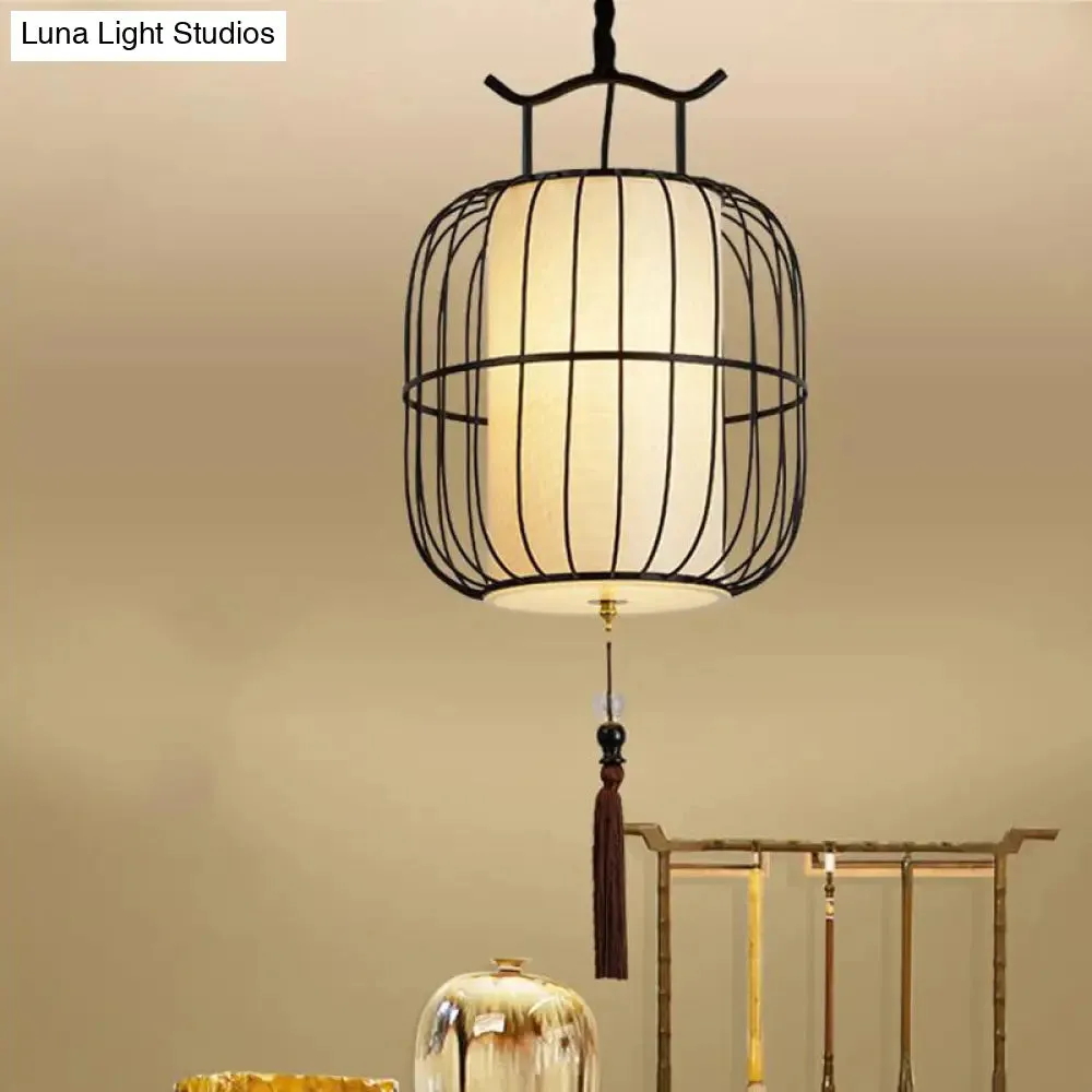 Chinese Style Indoor Pendant Lamp with Bamboo Cylinder Shade - Black/Gold Hanging Fixture