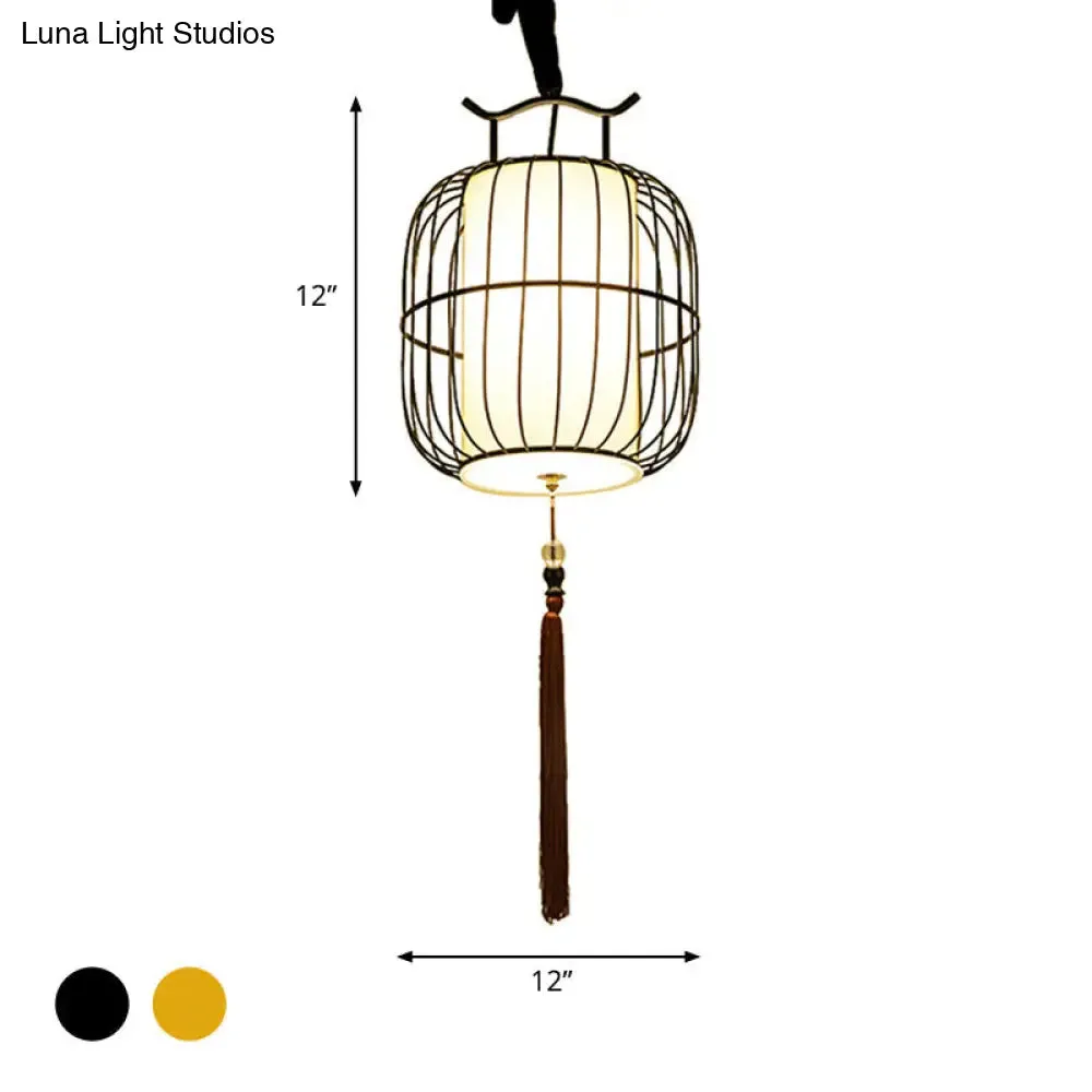 Chinese Style Indoor Pendant Lamp with Bamboo Cylinder Shade - Black/Gold Hanging Fixture