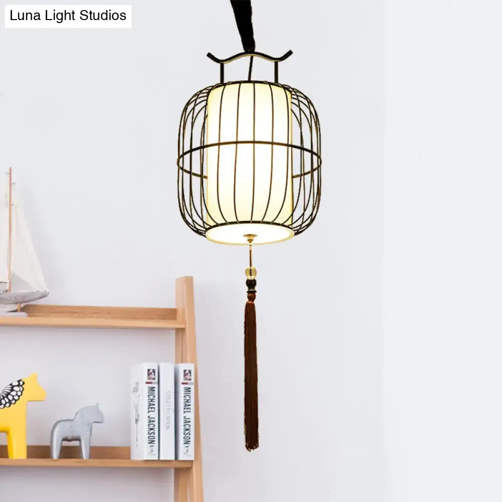 Chinese Style Indoor Pendant Lamp with Bamboo Cylinder Shade - Black/Gold Hanging Fixture