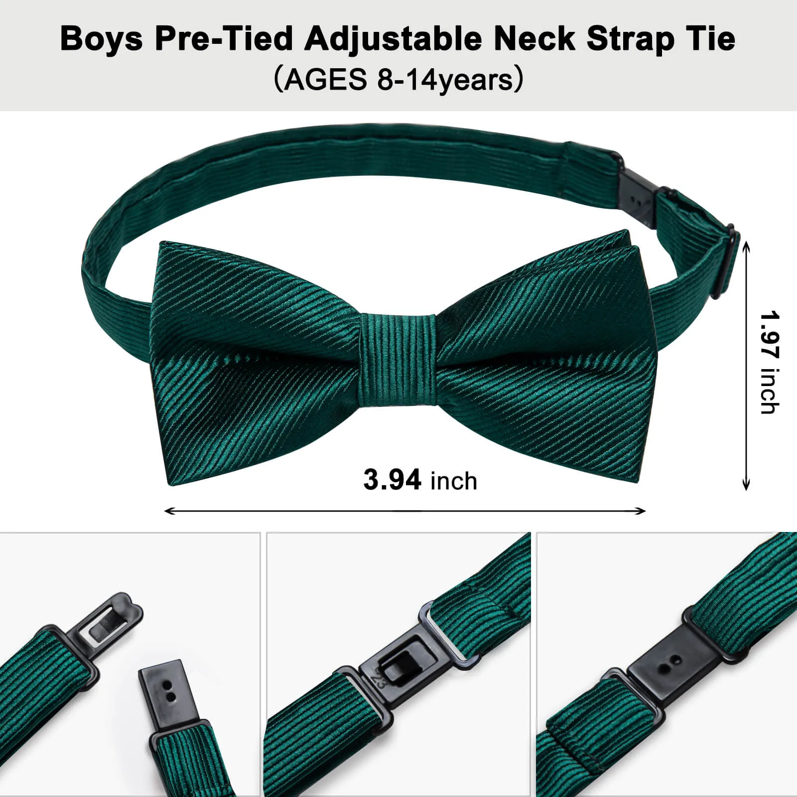 DiBanGu Kids Bow Tie Sapphire Pine Green Striped Silk Pre-Bow Tie Hanky Set