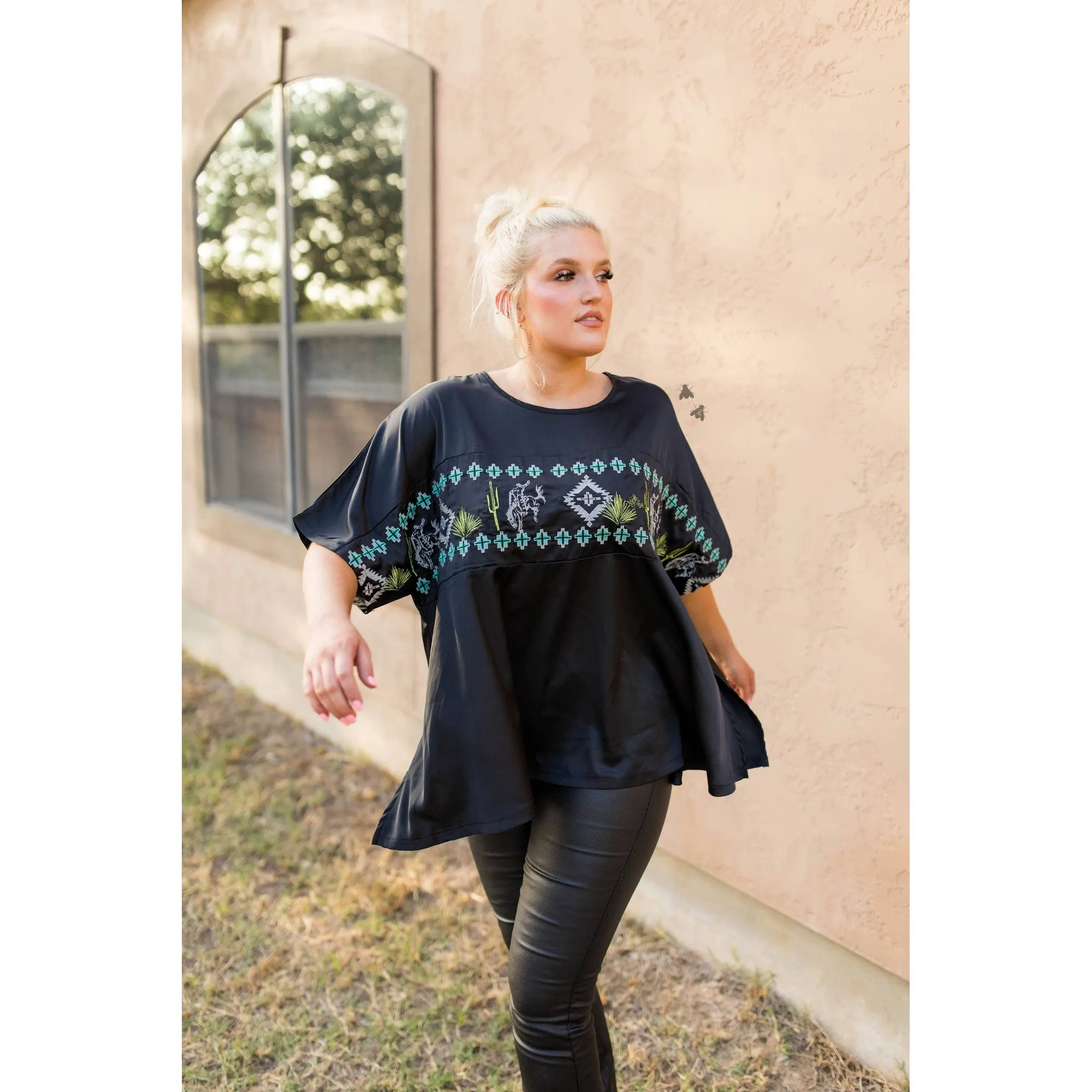 Embroidered Western Motif Poncho Style Satin Look Top "High End Bucks"