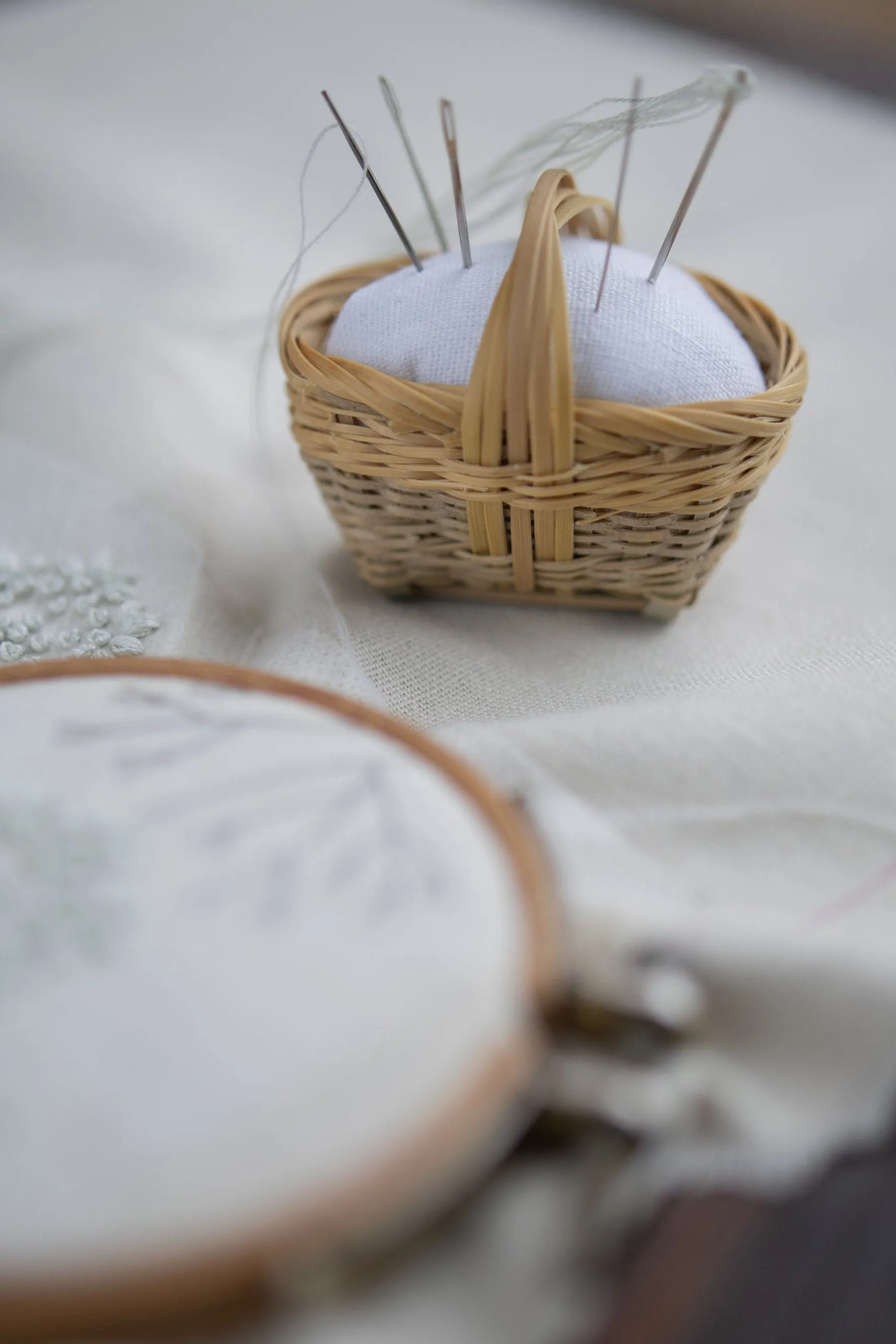 Handmade Woven Basket Pin Cushion for Embroidery and Sewing Projects