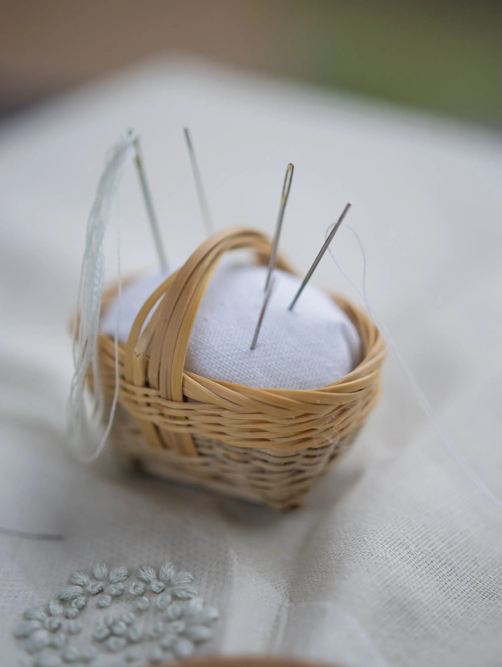 Handmade Woven Basket Pin Cushion for Embroidery and Sewing Projects