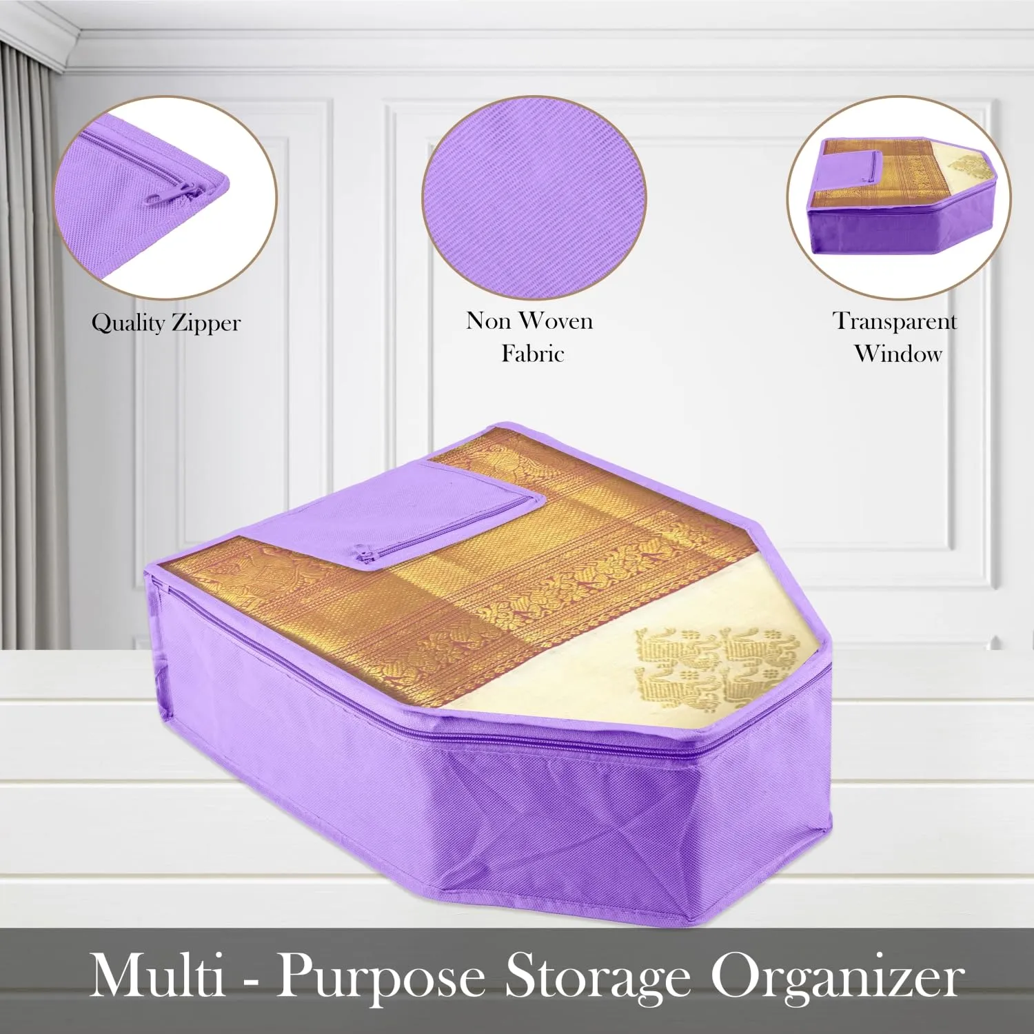 Heart Home Blouse Cover | Clothes Storage Bag | Zipper Wardrobe Organizers | Clothes Organiser with Attached Pocket with White Lace | Non-Woven Front Transparent | Pack of 3 | Purple