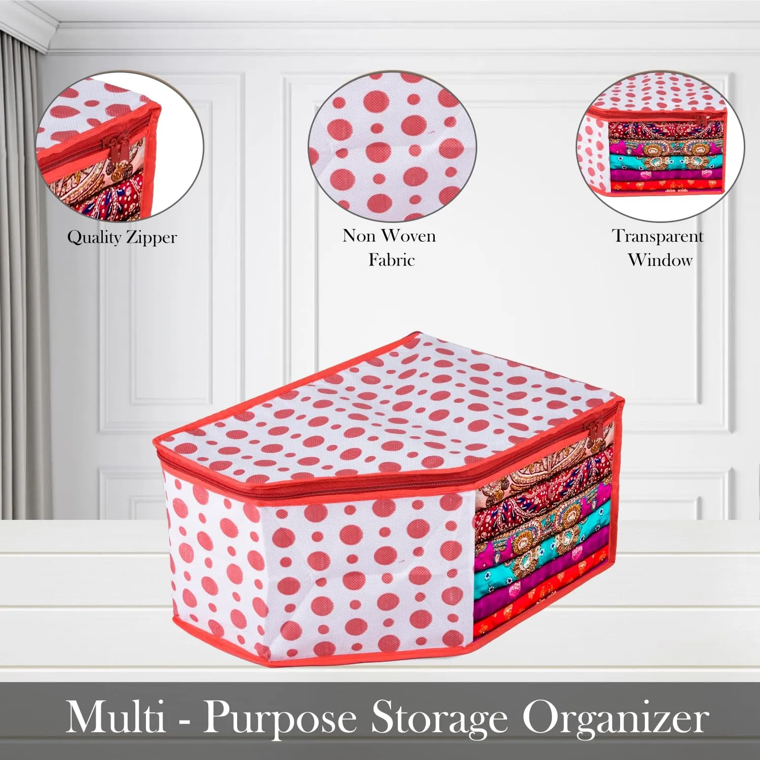 Heart Home Blouse Cover | Clothes Storage Bag | Zipper Wardrobe Organizers | Non-Woven Clothes Organiser | Side Transparent Blouse Organizer | Dot-Design | Pack of 6 | Red