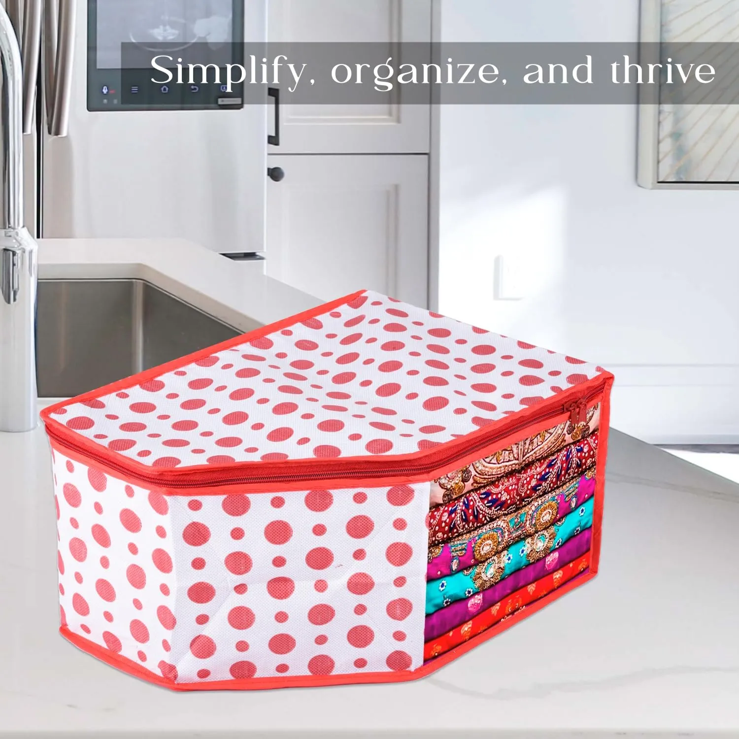 Heart Home Blouse Cover | Clothes Storage Bag | Zipper Wardrobe Organizers | Non-Woven Clothes Organiser | Side Transparent Blouse Organizer | Dot-Design | Pack of 6 | Red