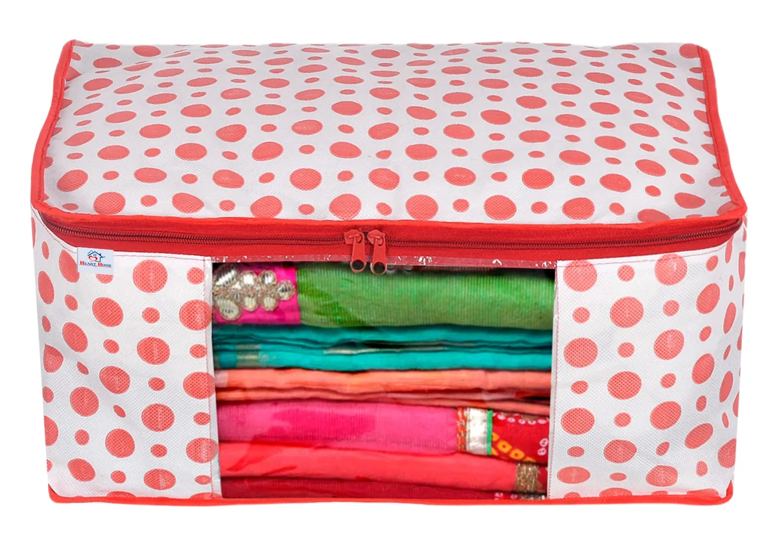 Heart Home Dot Printed Non-Woven Blouse & Saree Cover, Cloth Organizer Set, Wardrobe Organiser With Tranasparent Window- Pack of 6 (Pink)-46HH0476