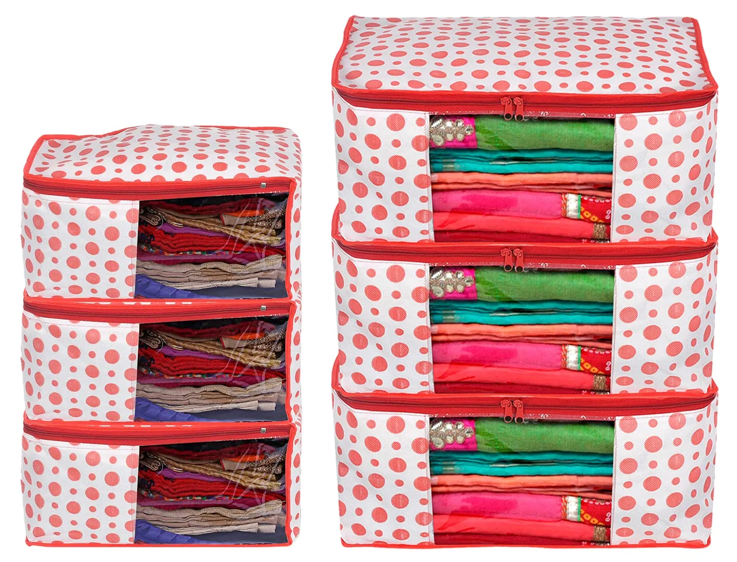 Heart Home Dot Printed Non-Woven Blouse & Saree Cover, Cloth Organizer Set, Wardrobe Organiser With Tranasparent Window- Pack of 6 (Pink)-46HH0476