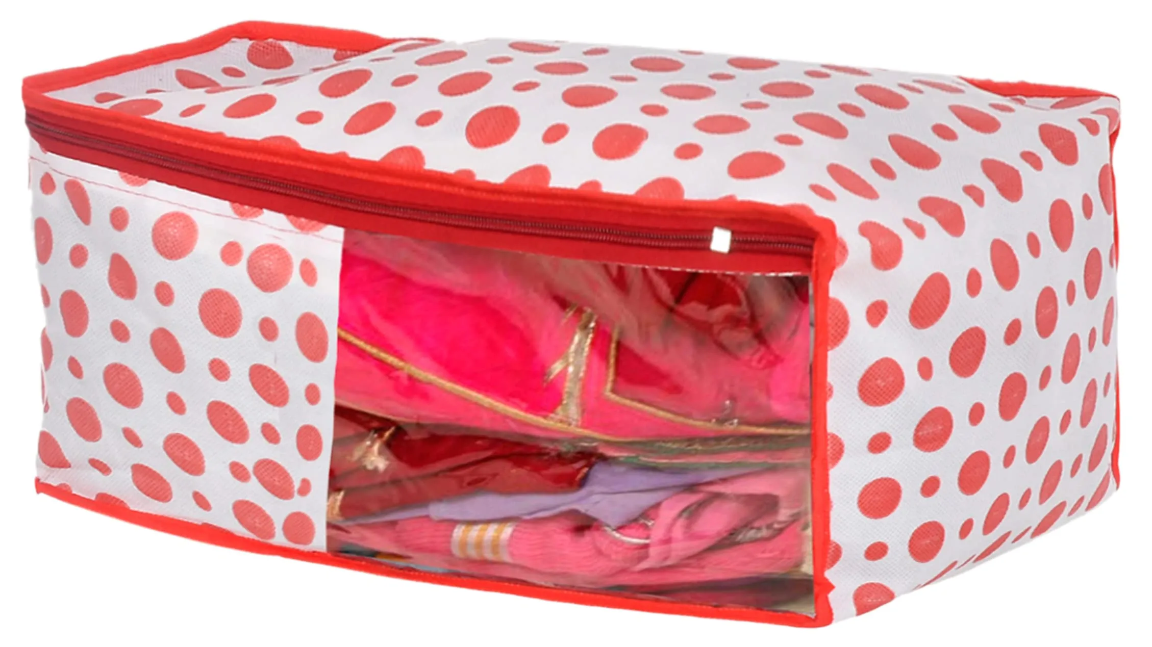 Heart Home Dot Printed Non-Woven Blouse & Saree Cover, Cloth Organizer Set, Wardrobe Organiser With Tranasparent Window- Pack of 6 (Pink)-46HH0476