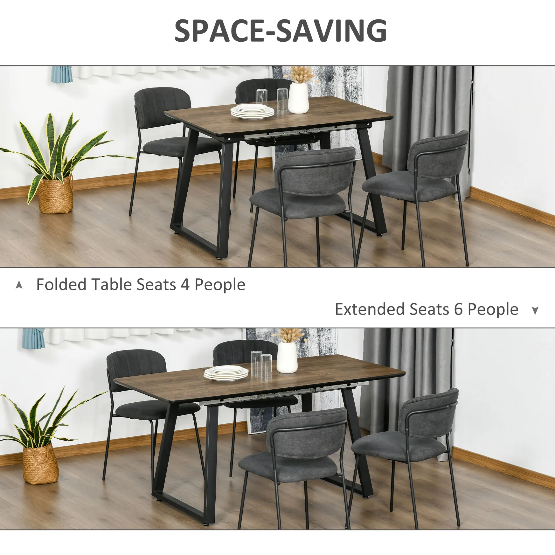 HOMCOM Extendable Dining Table - Rectangular Wood Effect, Steel Frame, Seats 4-6 - Ideal for Kitchen & Dining Room