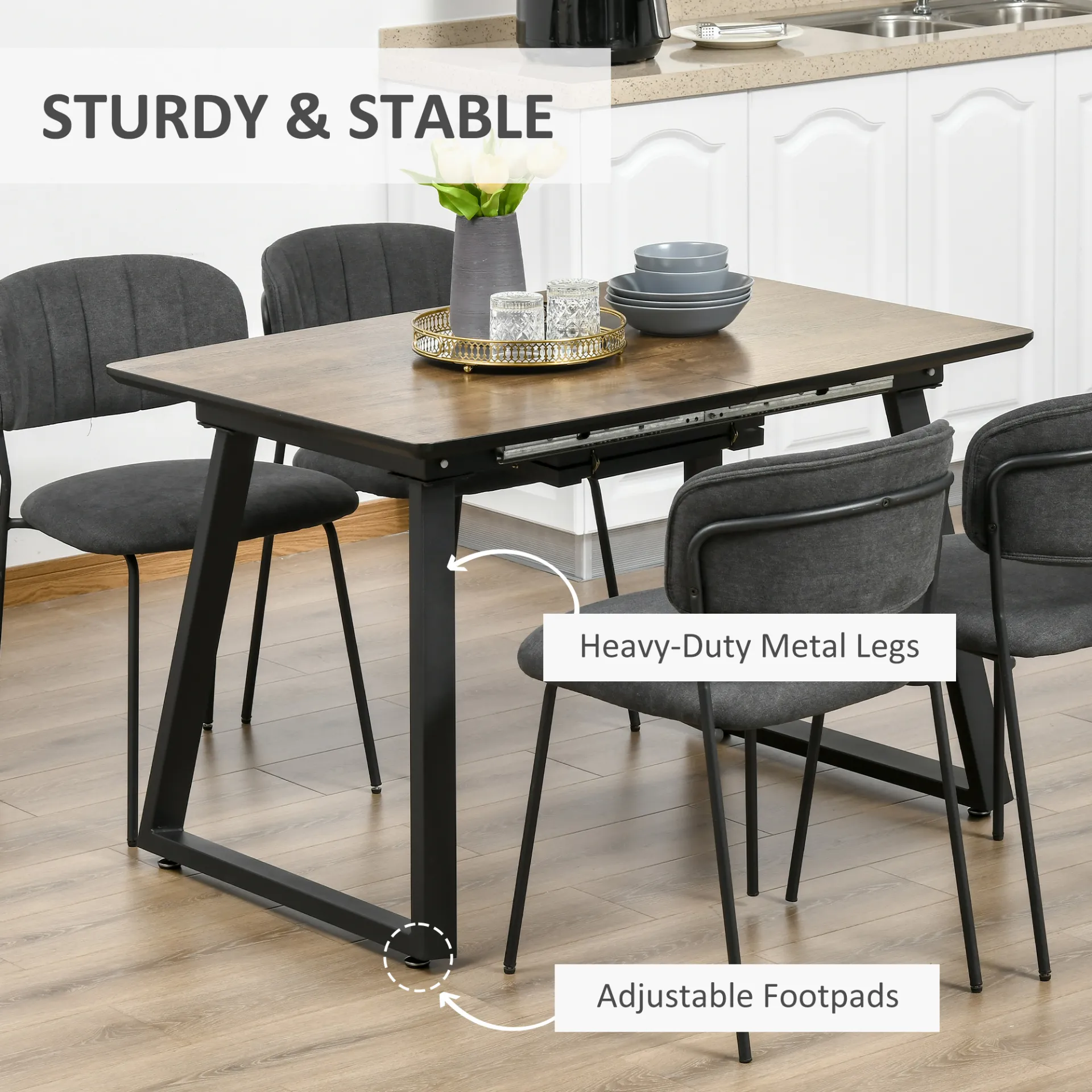 HOMCOM Extendable Dining Table - Rectangular Wood Effect, Steel Frame, Seats 4-6 - Ideal for Kitchen & Dining Room