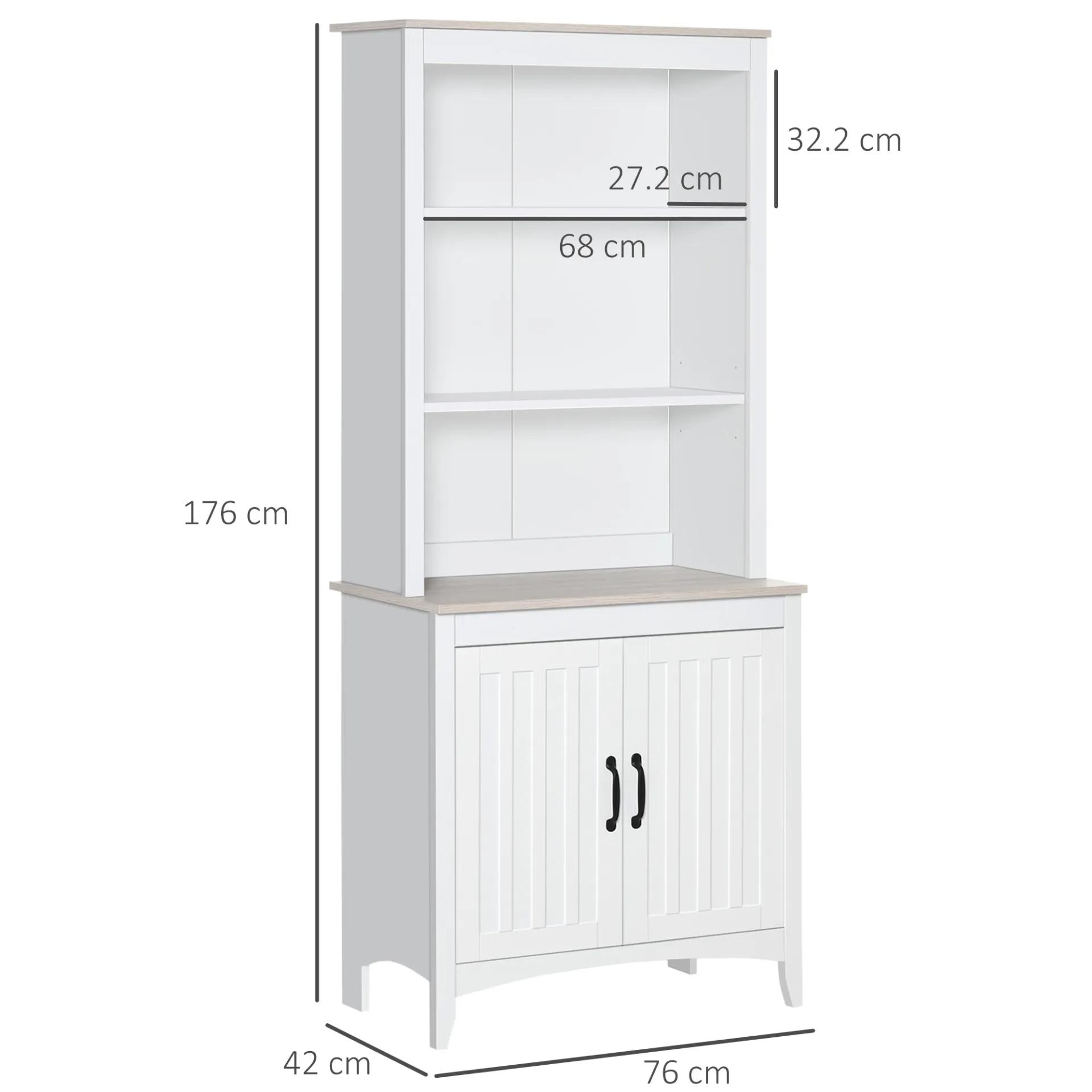 HOMCOM White Kitchen Cupboard with Adjustable Shelves, Double-Door Storage Cabinet, 3-Tier Shelving Bookcase for Kitchen, Living Room, Study Room