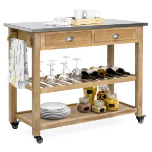 Kitchen Island Storage & Bar Cart w/ Stainless Steel Top - Rustic Wood