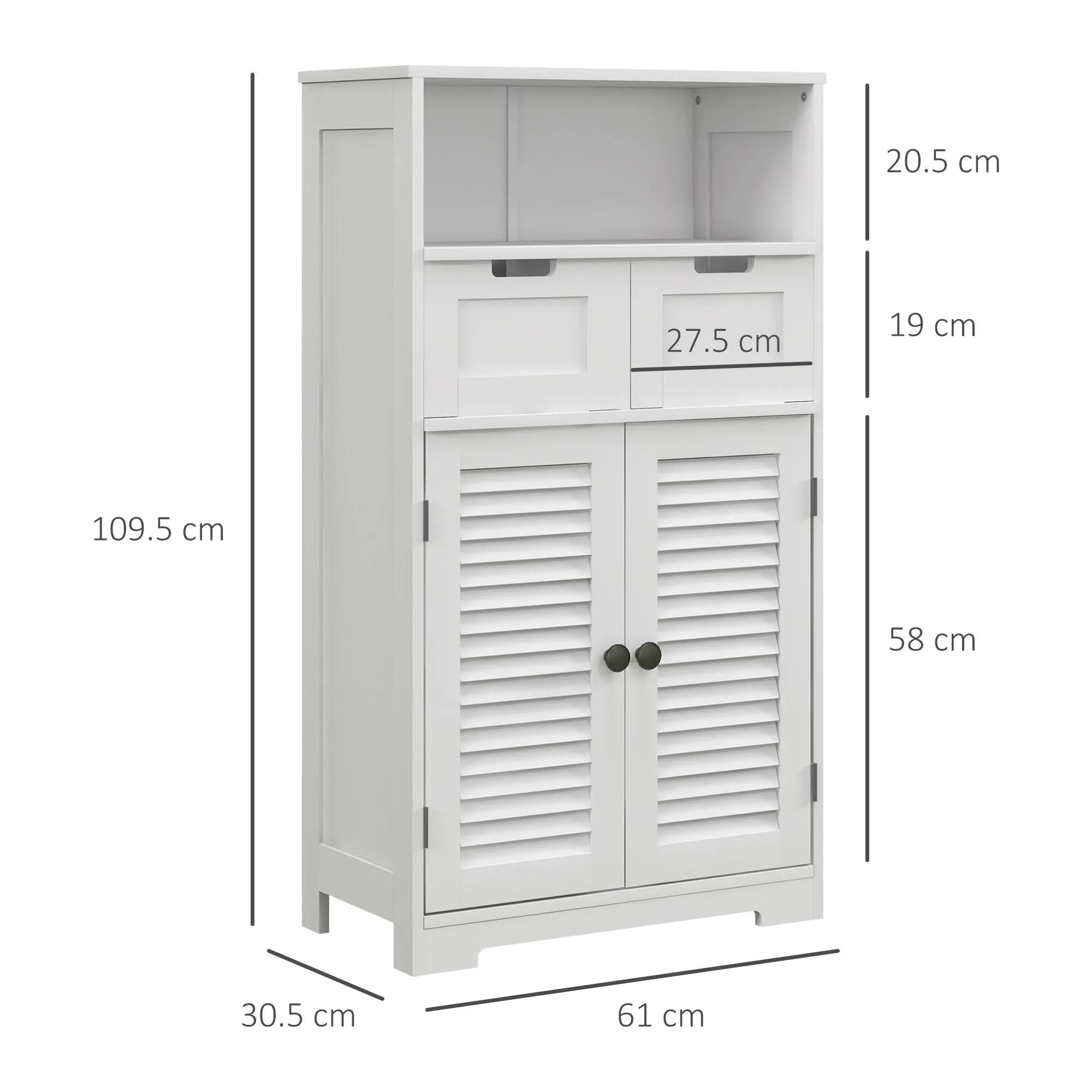 kleankin Bathroom Storage Unit with Louvred Doors, Bathroom Floor Cabinet with Drawers, Open Shelf and Adjustable Shelf