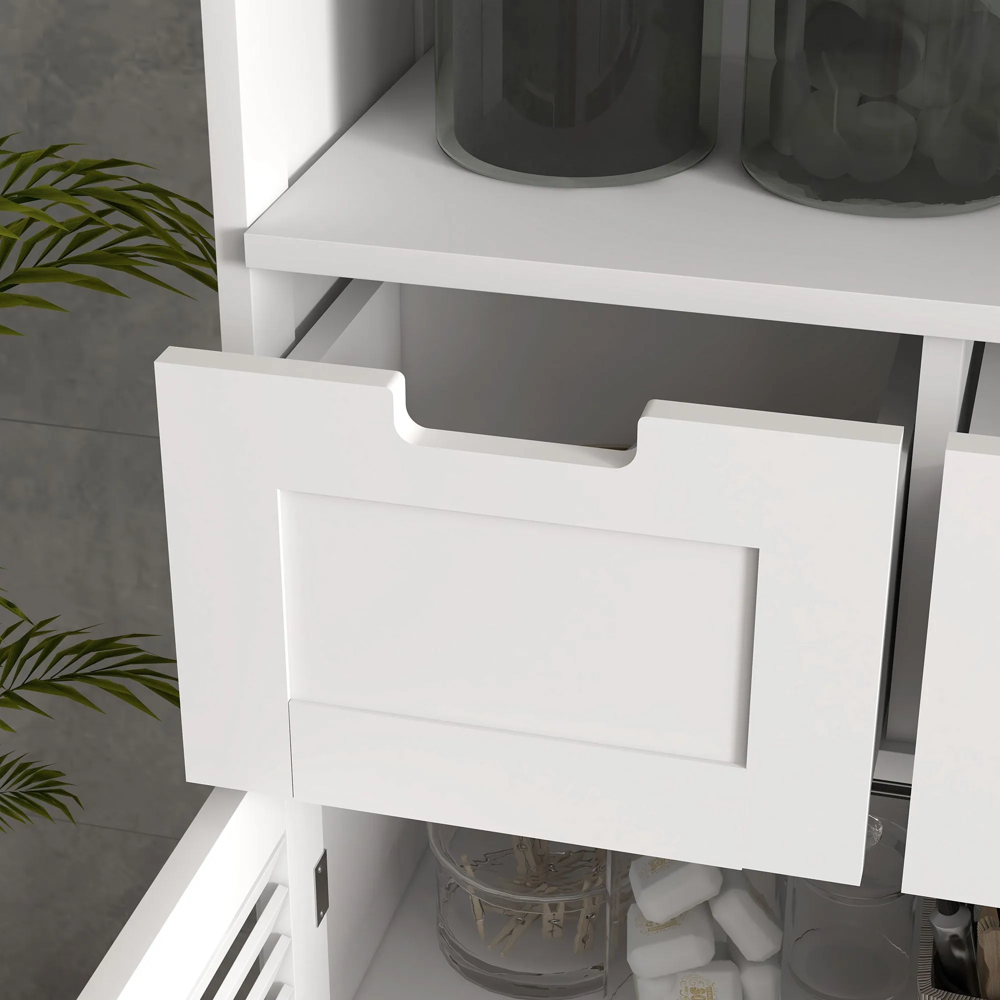 kleankin Bathroom Storage Unit with Louvred Doors, Bathroom Floor Cabinet with Drawers, Open Shelf and Adjustable Shelf