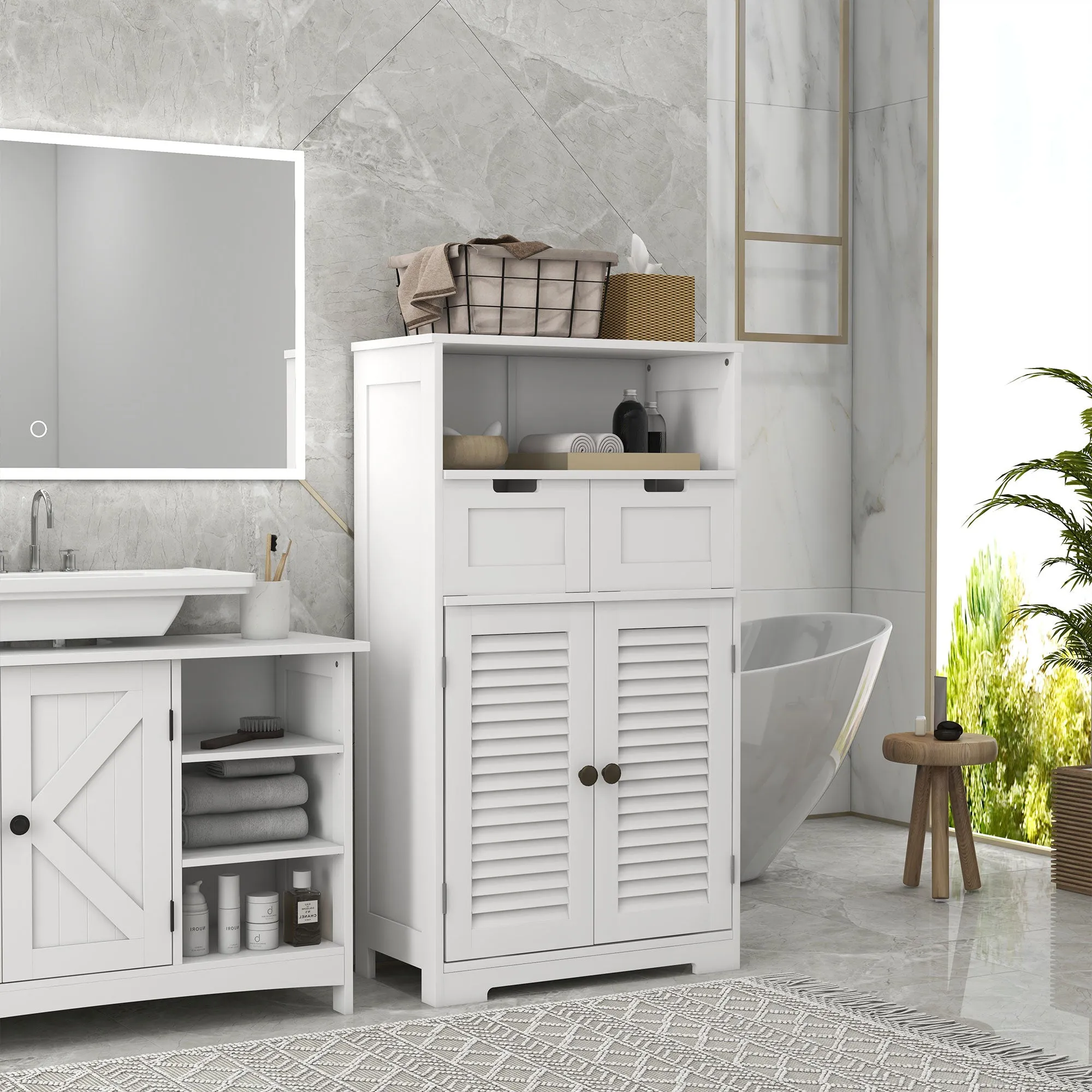 kleankin Bathroom Storage Unit with Louvred Doors, Bathroom Floor Cabinet with Drawers, Open Shelf and Adjustable Shelf