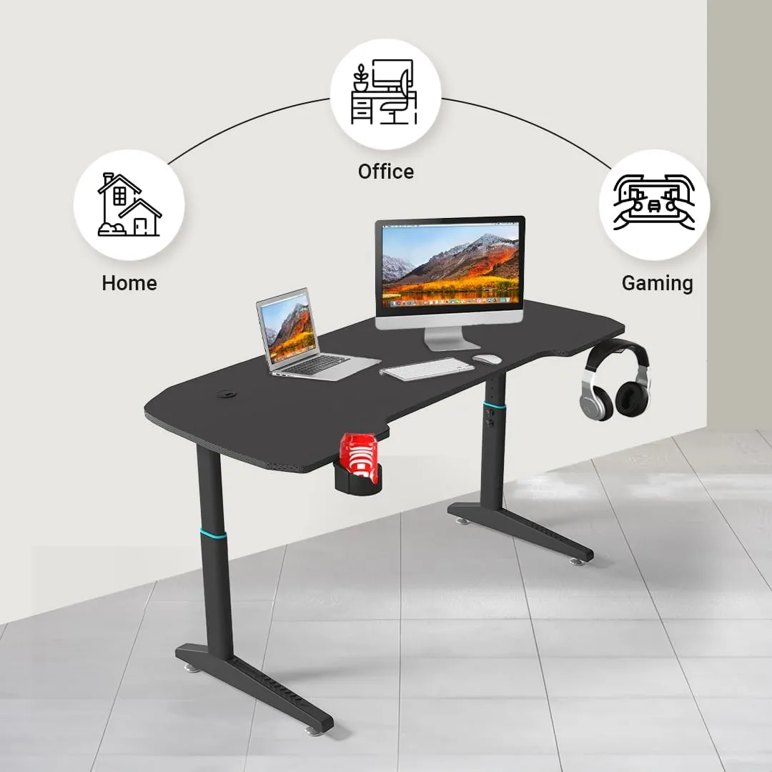 Kuber Industries Motorized Manual Height Adjustable Table for Work & Study with Earphone Hook & Cup Holder | Portable Standing Gaming Desk & Laptop Tables for Work from Home & Office | Y1200B-Black