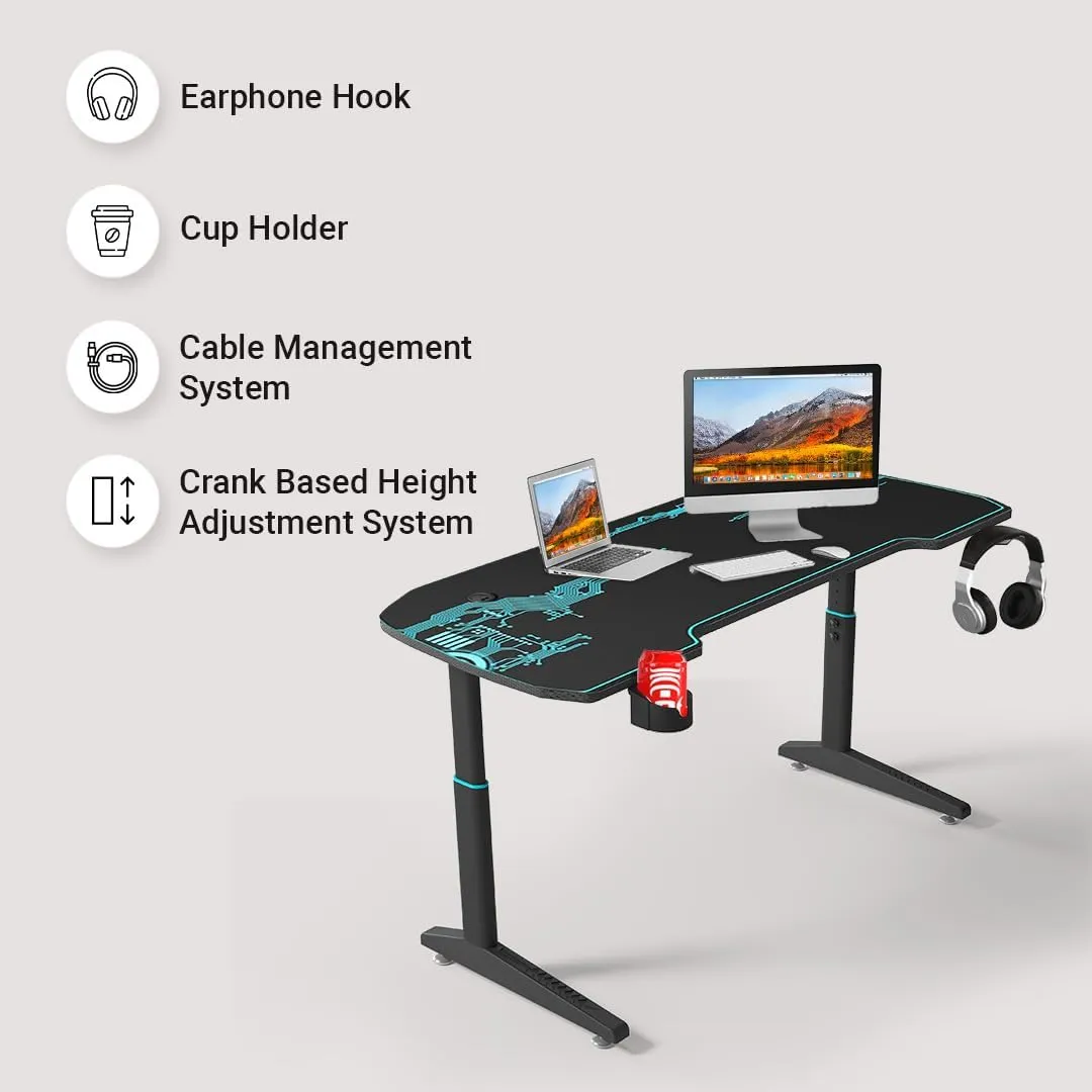 Kuber Industries Motorized Manual Height Adjustable Table for Work & Study with Earphone Hook & Cup Holder | Portable Standing Gaming Desk & Laptop Tables for Work from Home & Office | Y1400B-Black