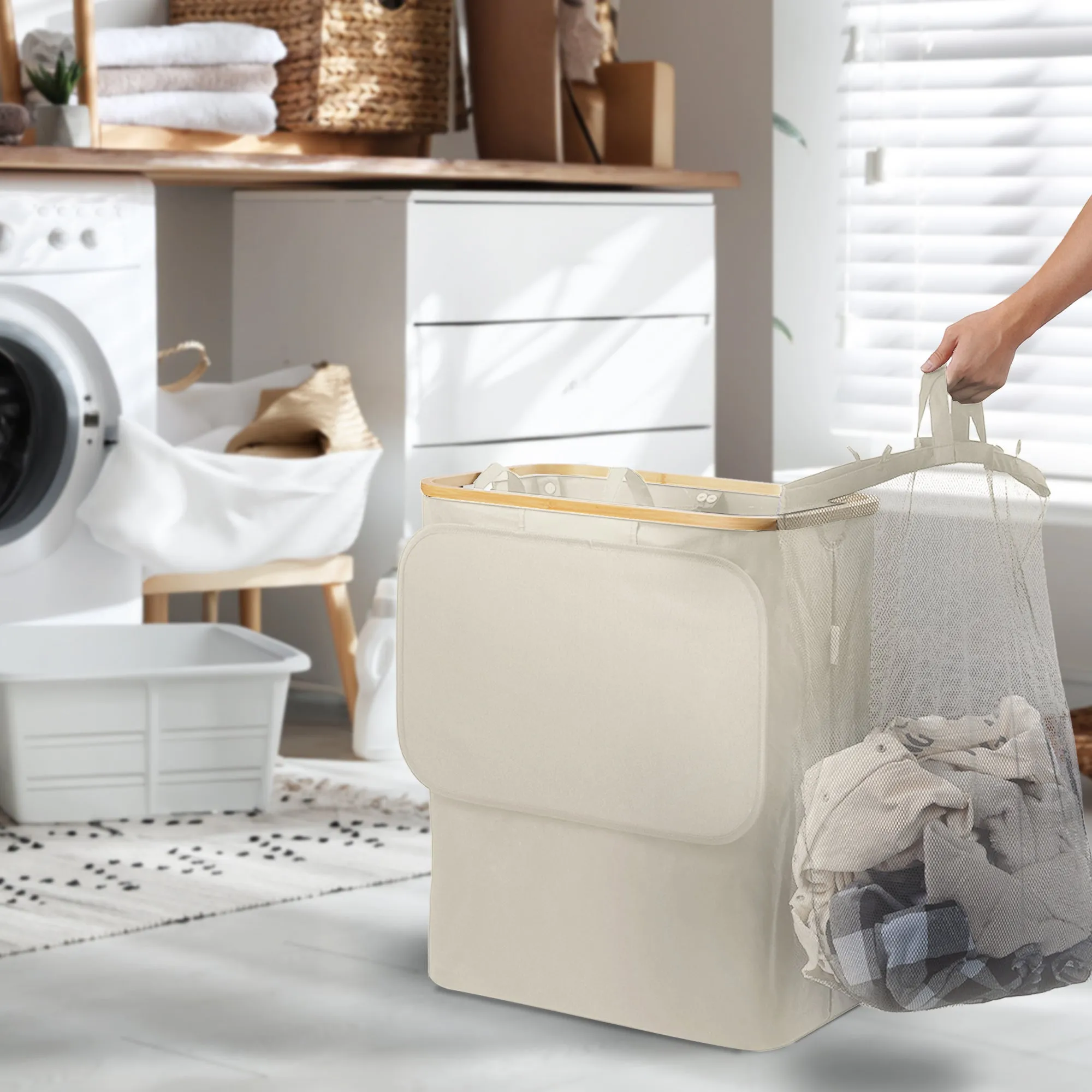 Laundry Basket - 145L Capacity with Handles and Machine Washable Removable Bags