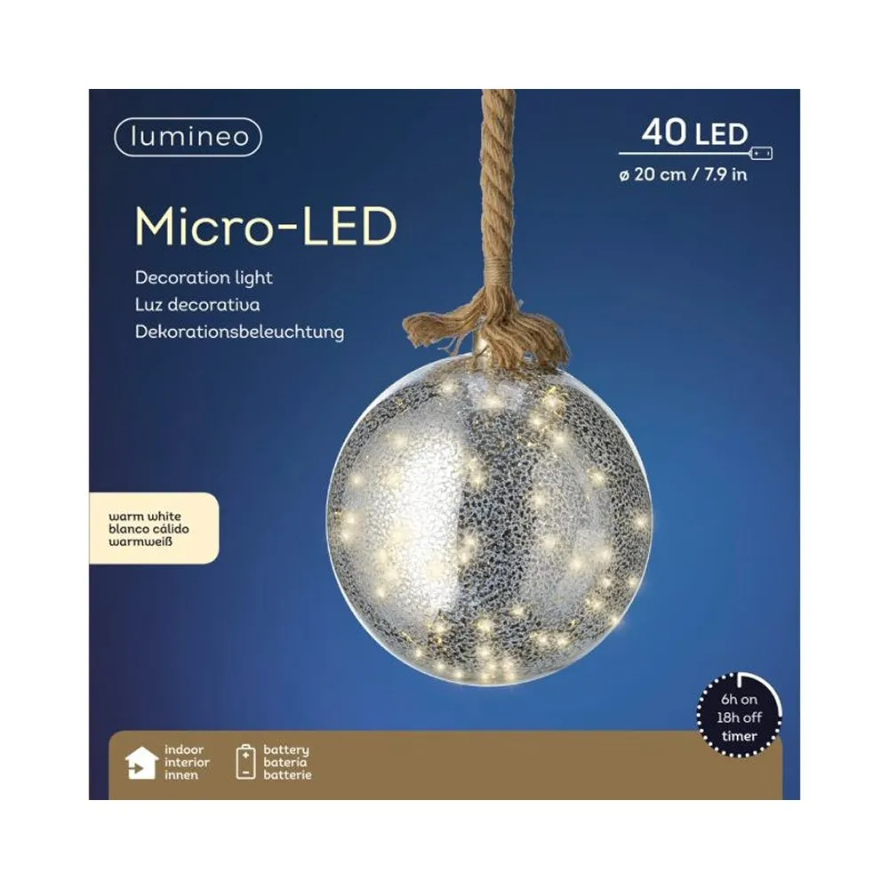 Lumineo 20cm LED Silver Hanging Ball Classic White