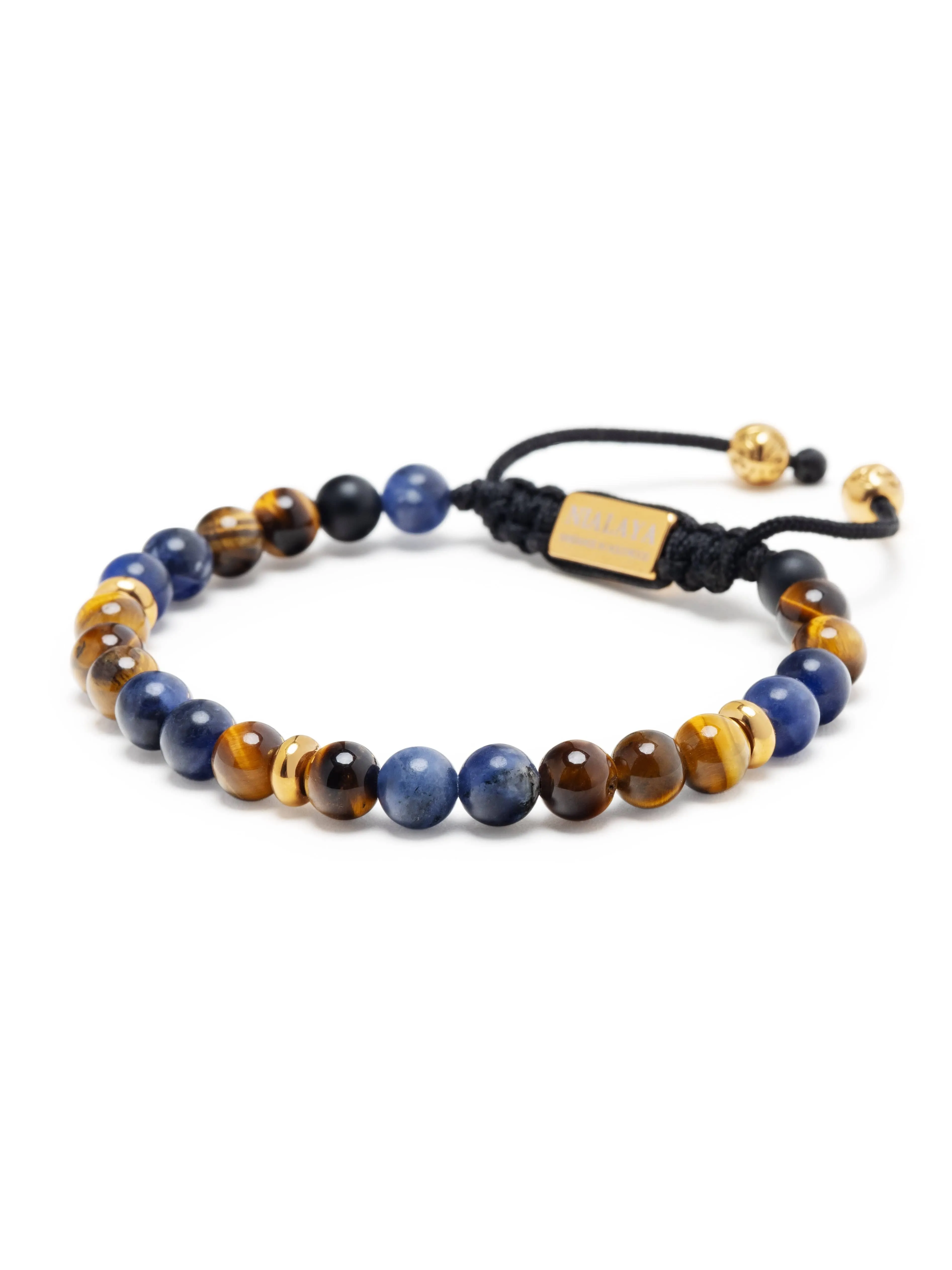 Men's Beaded Bracelet with Dumortierite, Brown Tiger Eye and Gold