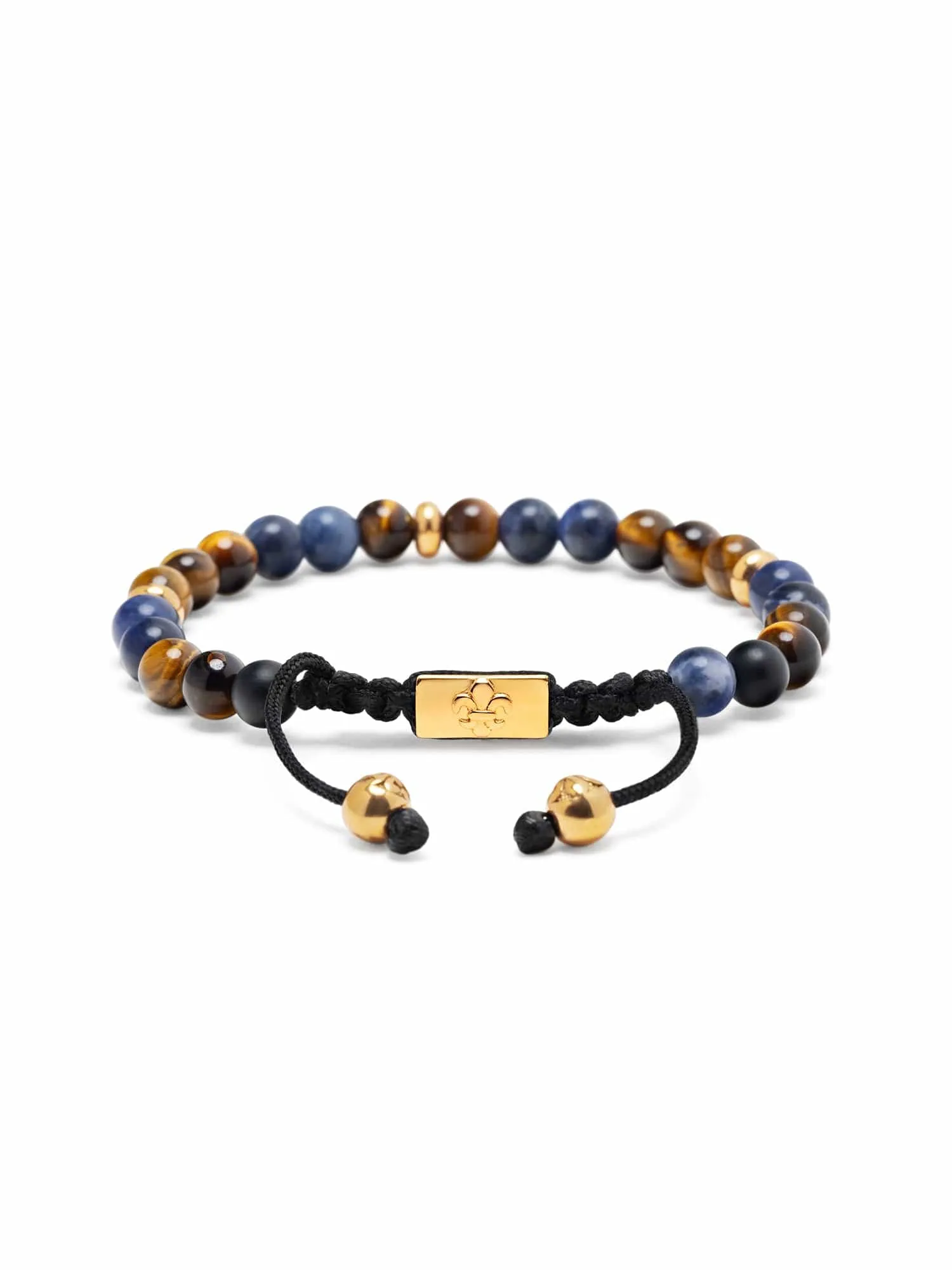 Men's Beaded Bracelet with Dumortierite, Brown Tiger Eye and Gold