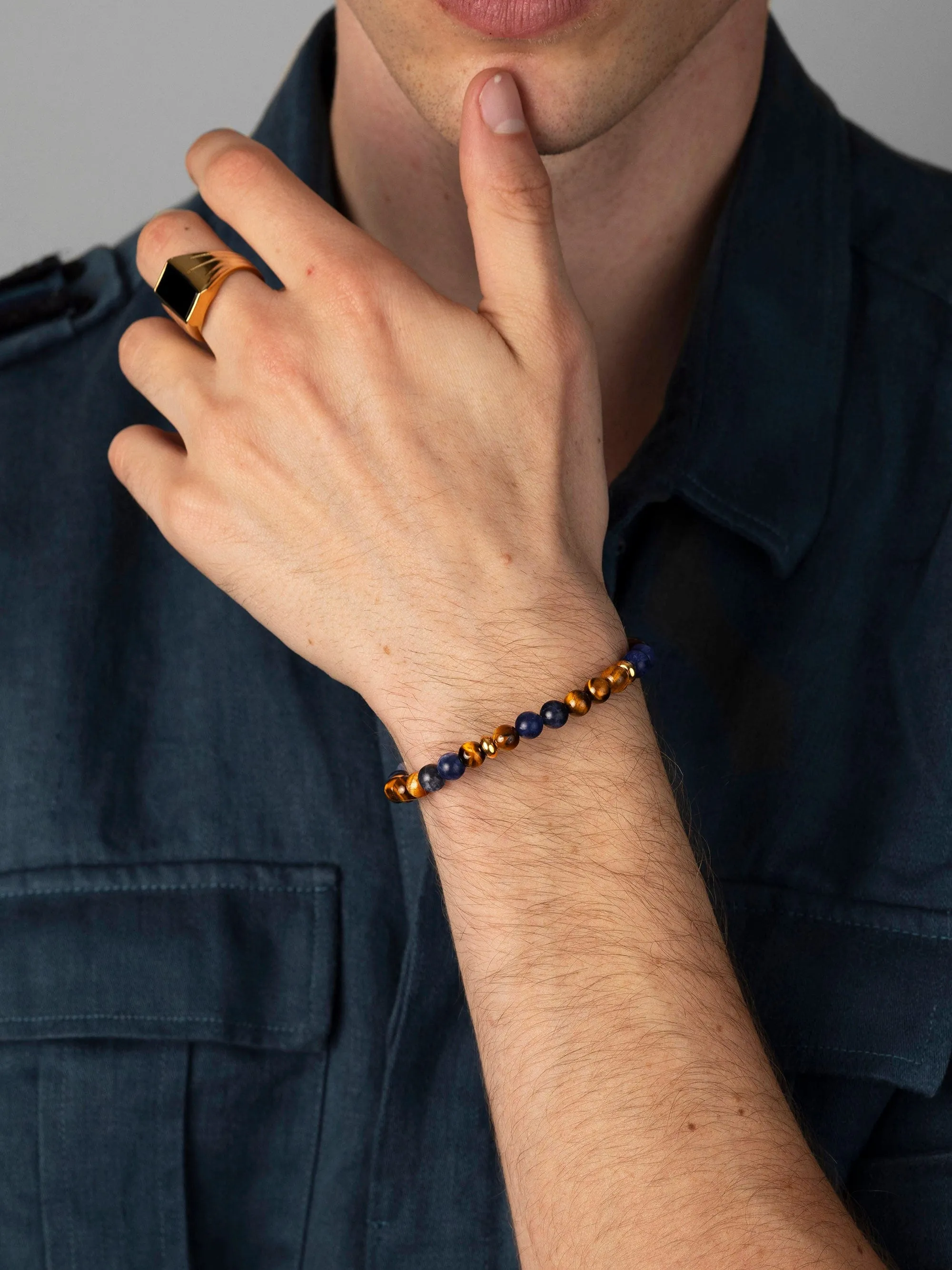 Men's Beaded Bracelet with Dumortierite, Brown Tiger Eye and Gold