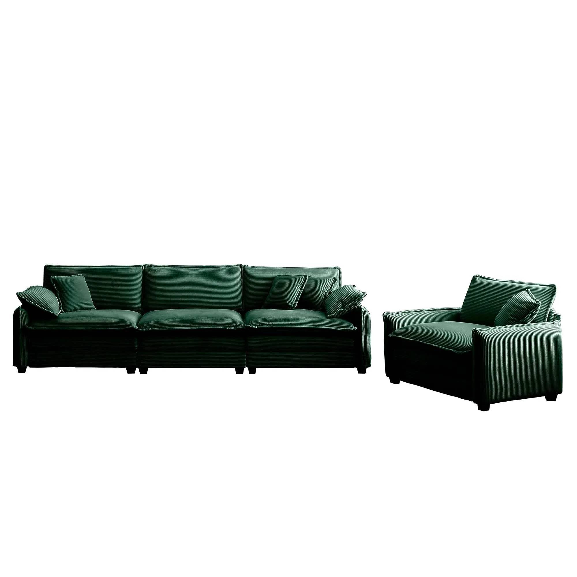 Mid-Century Modern Sofa Set of Two, One 3-Seater Sofa and One Single Seat Sofa with 2 Arm Pillows and 4 Throw Pillows,2 Pieces Sofa Set for Living Room,Green Corduroy Fabric