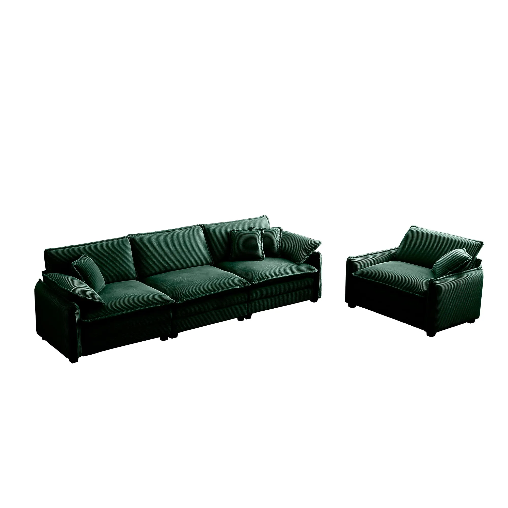 Mid-Century Modern Sofa Set of Two, One 3-Seater Sofa and One Single Seat Sofa with 2 Arm Pillows and 4 Throw Pillows,2 Pieces Sofa Set for Living Room,Green Corduroy Fabric