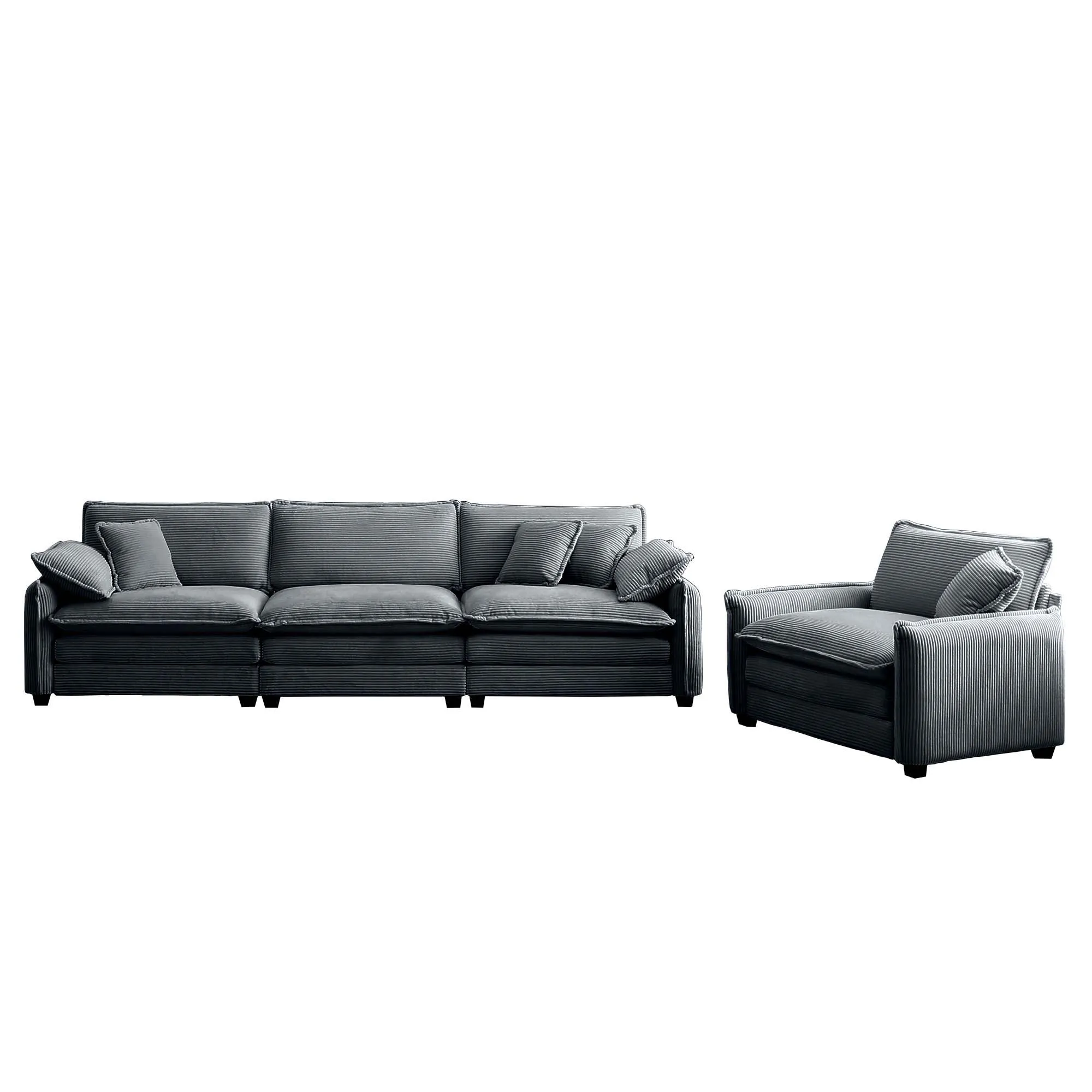 Mid-Century Modern Sofa Set of Two, One 3-Seater Sofa and One Single Seat Sofa with 2 Arm Pillows and 4 Throw Pillows,2 Pieces Sofa Set for Living Room,Grey Corduroy Fabric