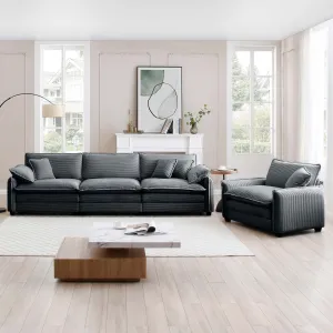 Mid-Century Modern Sofa Set of Two, One 3-Seater Sofa and One Single Seat Sofa with 2 Arm Pillows and 4 Throw Pillows,2 Pieces Sofa Set for Living Room,Grey Corduroy Fabric