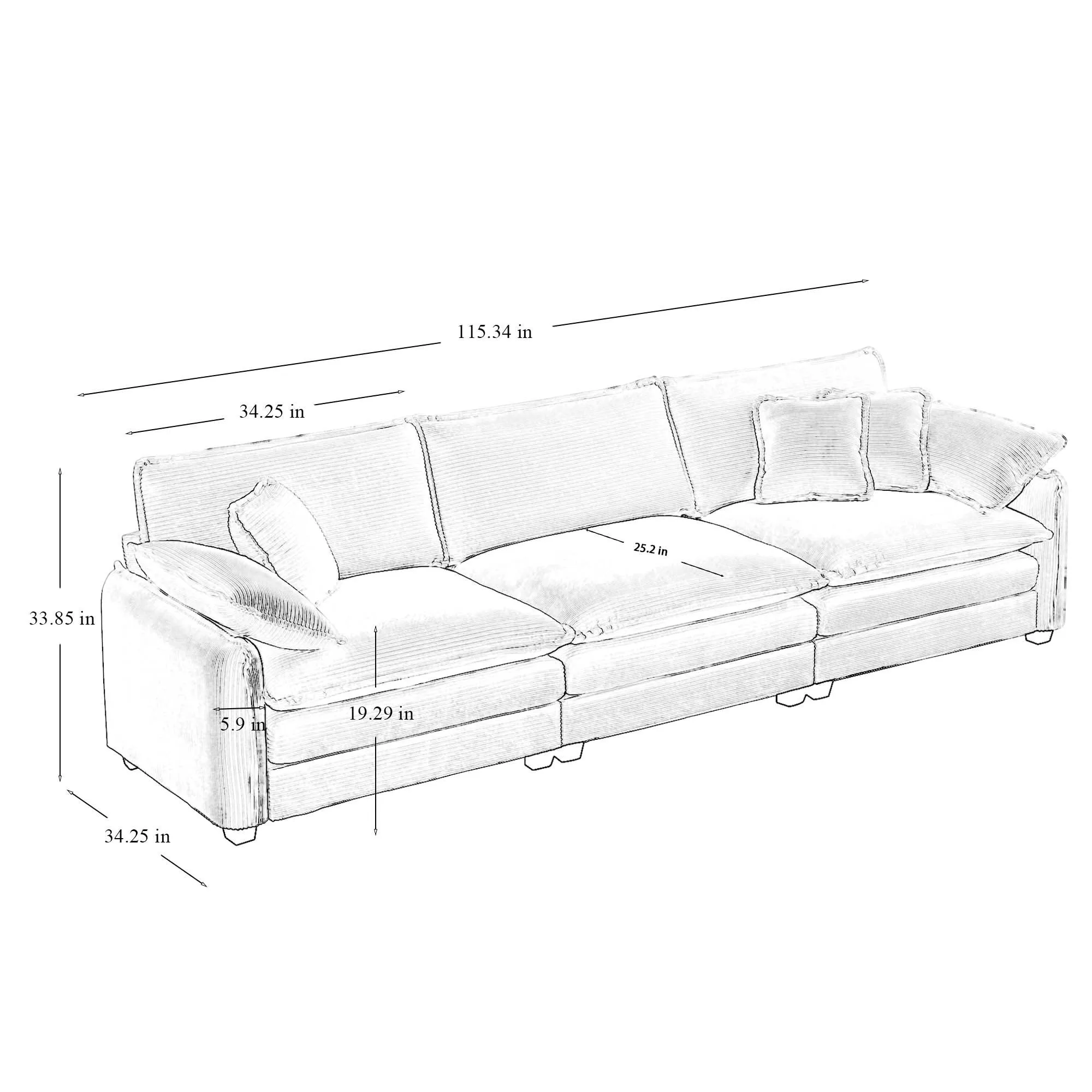 Mid-Century Modern Sofa Set of Two, One 3-Seater Sofa and One Single Seat Sofa with 2 Arm Pillows and 4 Throw Pillows,2 Pieces Sofa Set for Living Room,Grey Corduroy Fabric