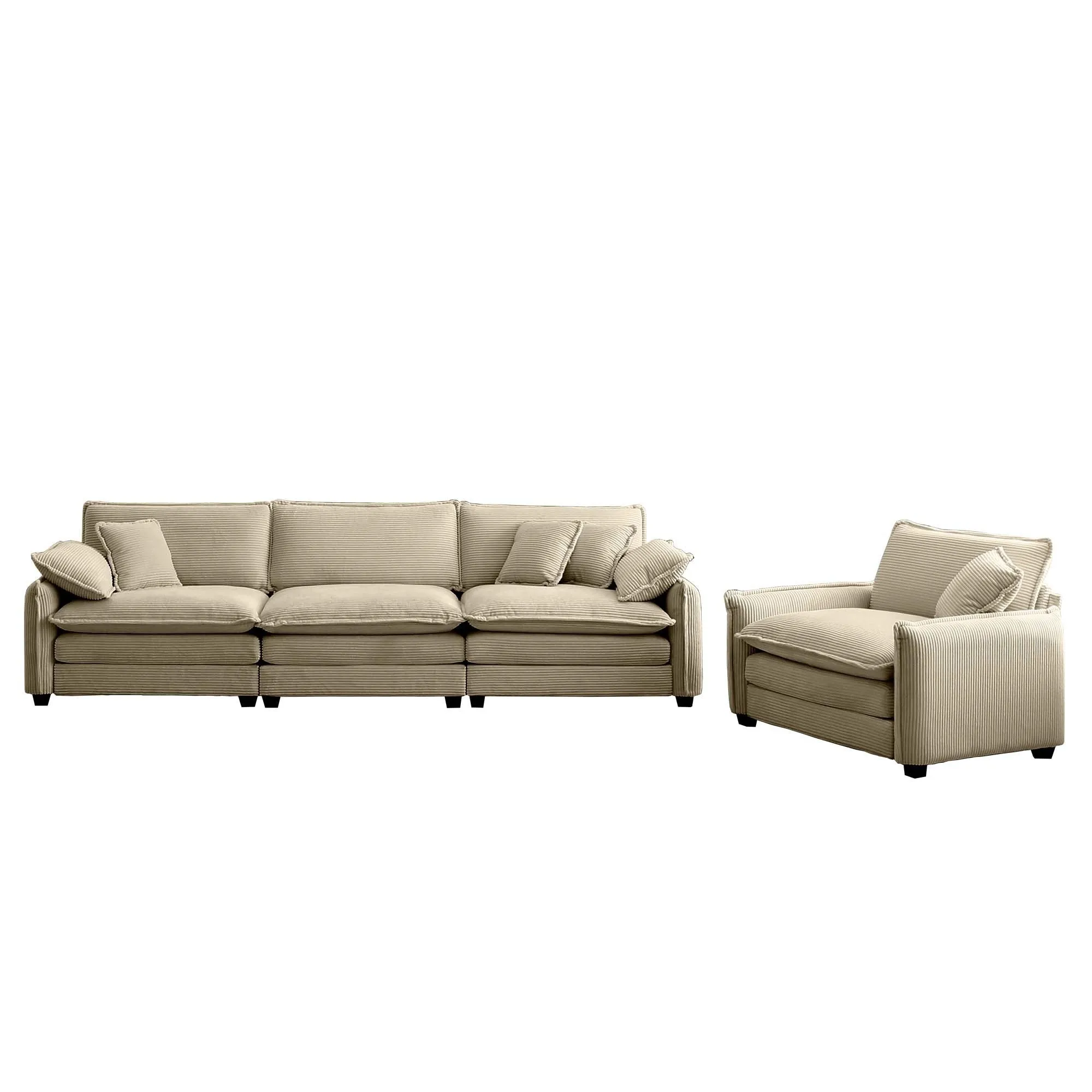 Mid-Century Modern Sofa Set of Two, One 3-Seater Sofa and One Single Seat Sofa with 2 Arm Pillows and 4 Throw Pillows,2 Pieces Sofa Set for Living Room,Tan Corduroy Fabric