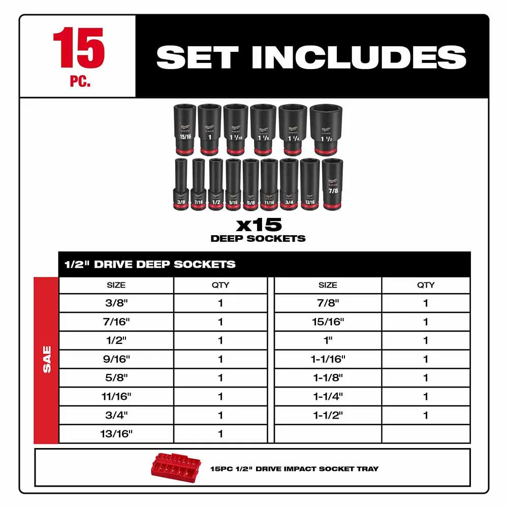 Milwaukee 49-66-6817 Shockwave Impact Duty Socket 1/2" Drive 15-Piece SAE Tray Set