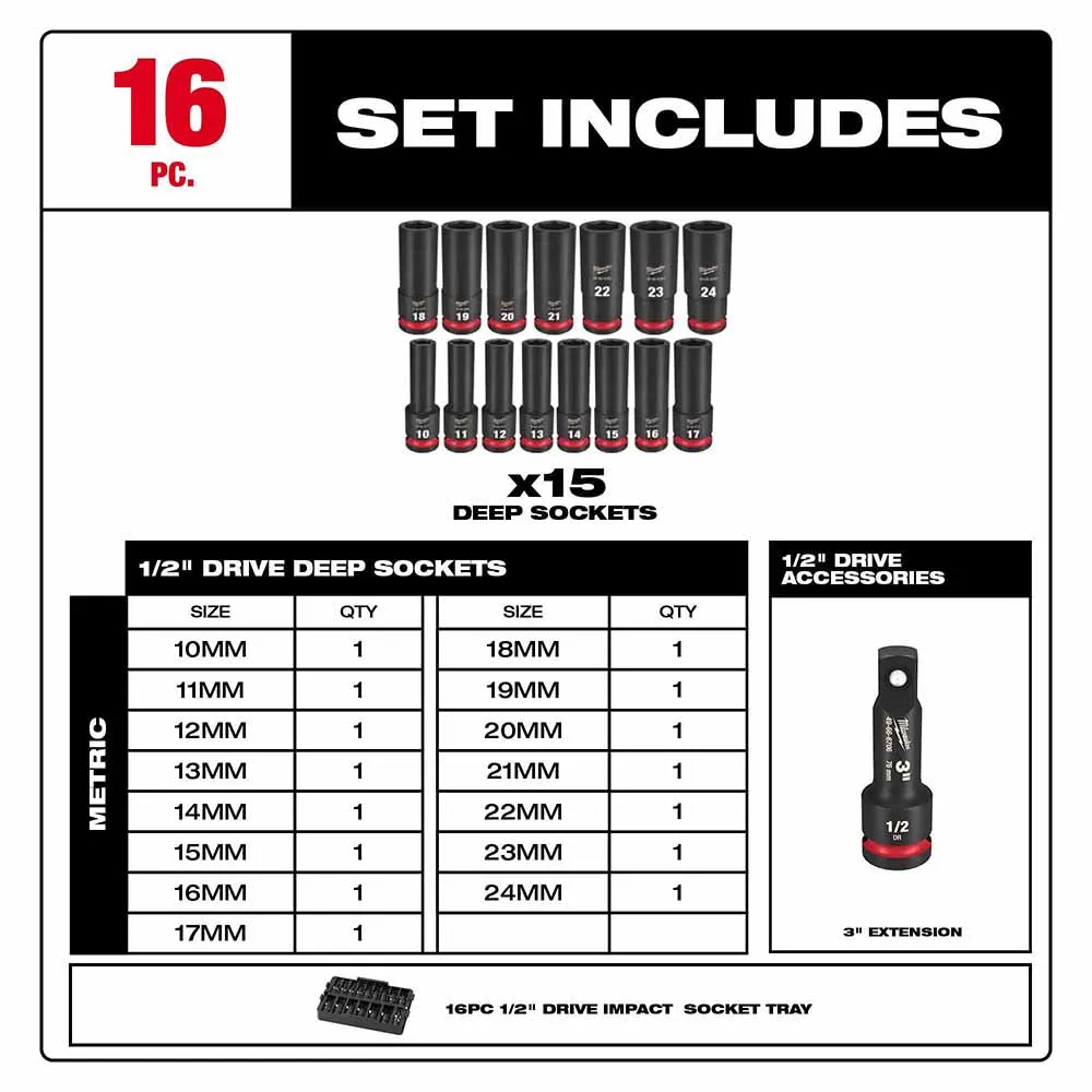 Milwaukee 49-66-6818 Shockwave Impact Duty Socket 1/2" Drive 16-Piece MM Tray Set