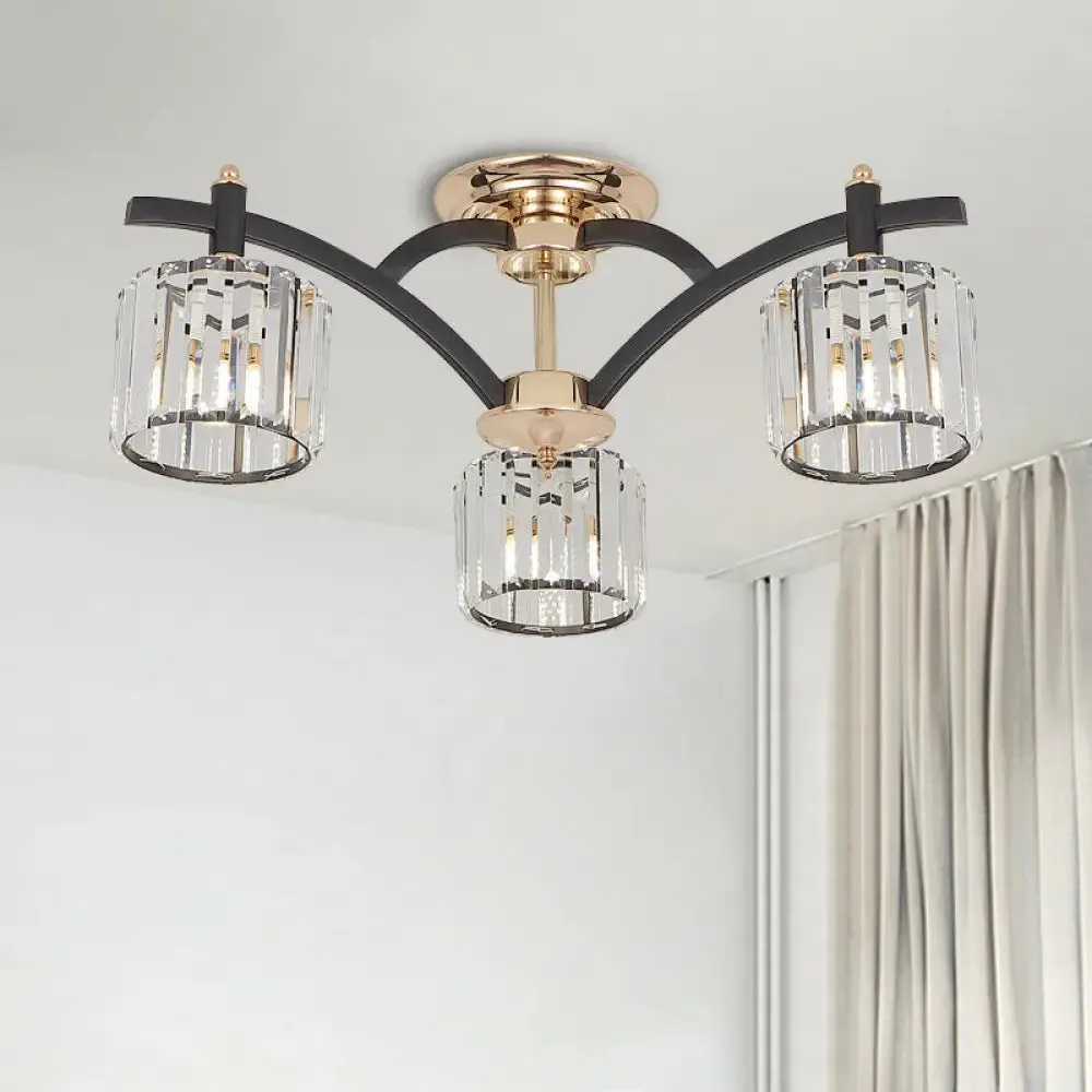 Modern Black & Gold Cylinder Crystal Block Semi Flush Light - Bedroom Ceiling Lamp (3/6 Heads)