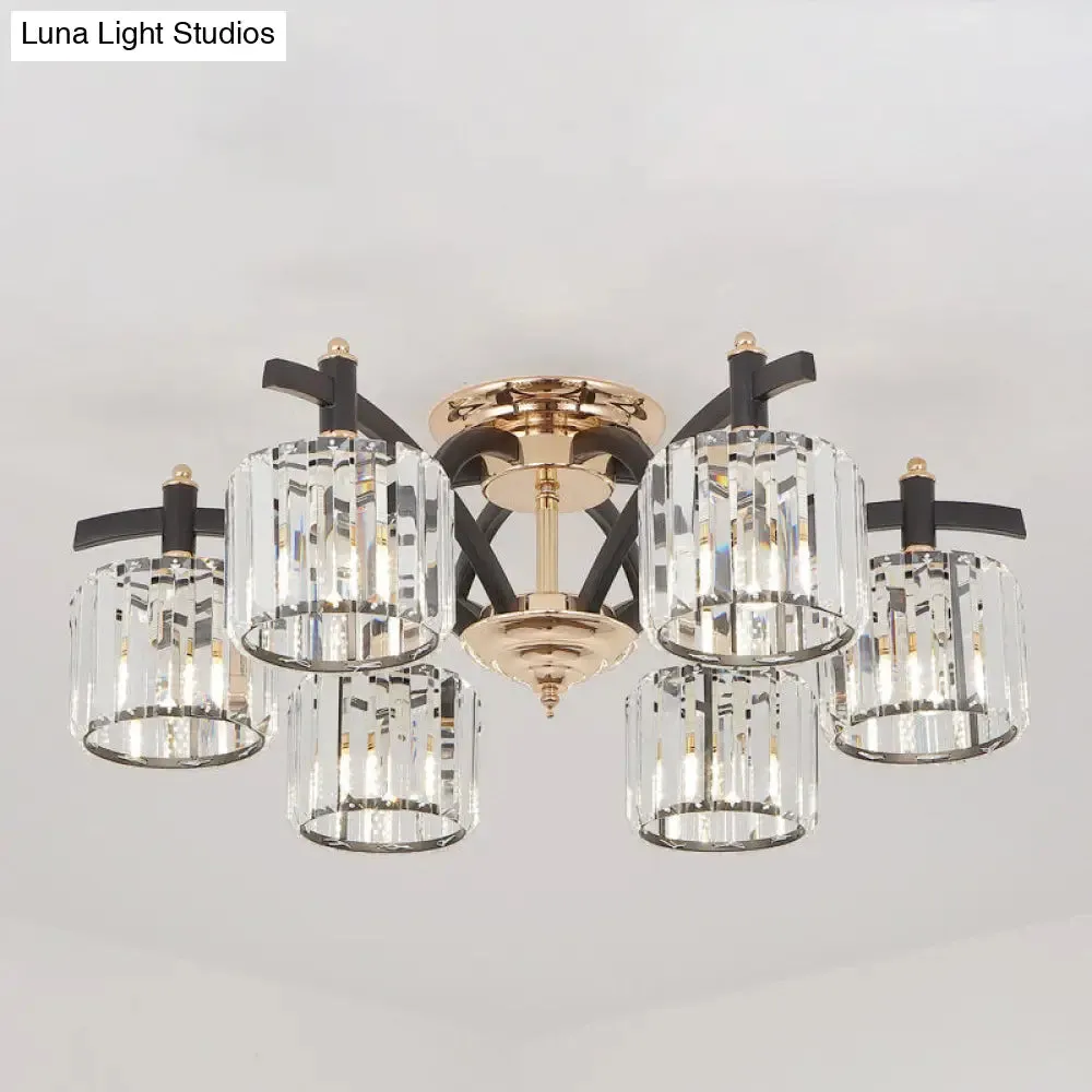 Modern Black & Gold Cylinder Crystal Block Semi Flush Light - Bedroom Ceiling Lamp (3/6 Heads)