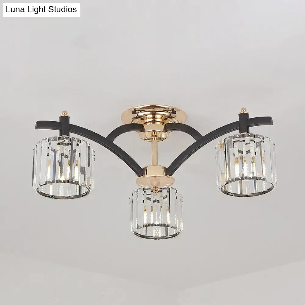 Modern Black & Gold Cylinder Crystal Block Semi Flush Light - Bedroom Ceiling Lamp (3/6 Heads)