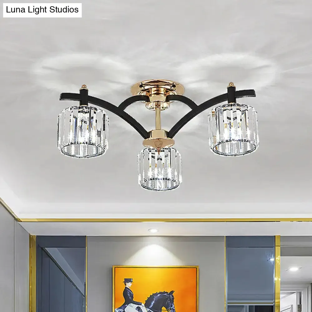 Modern Black & Gold Cylinder Crystal Block Semi Flush Light - Bedroom Ceiling Lamp (3/6 Heads)