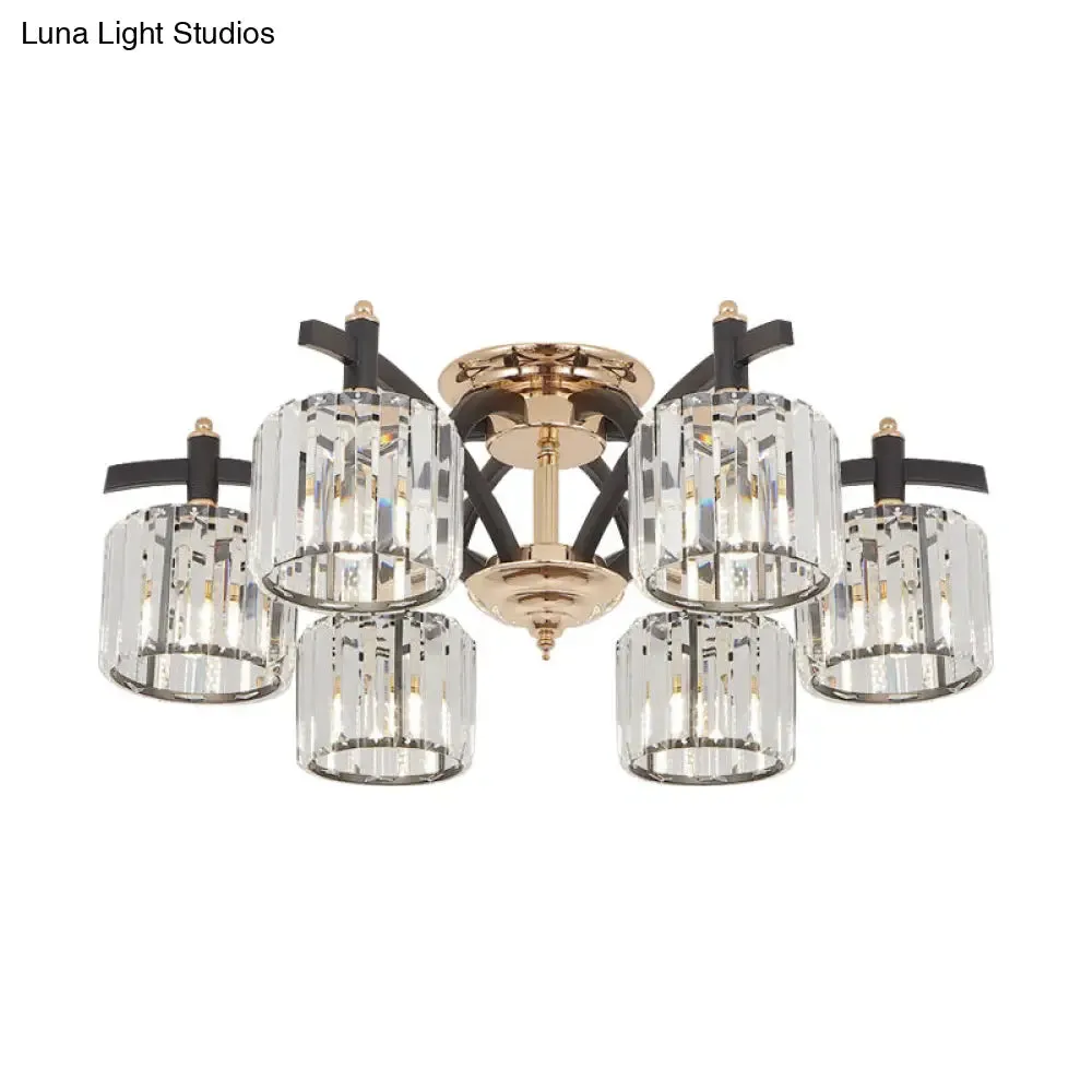 Modern Black & Gold Cylinder Crystal Block Semi Flush Light - Bedroom Ceiling Lamp (3/6 Heads)